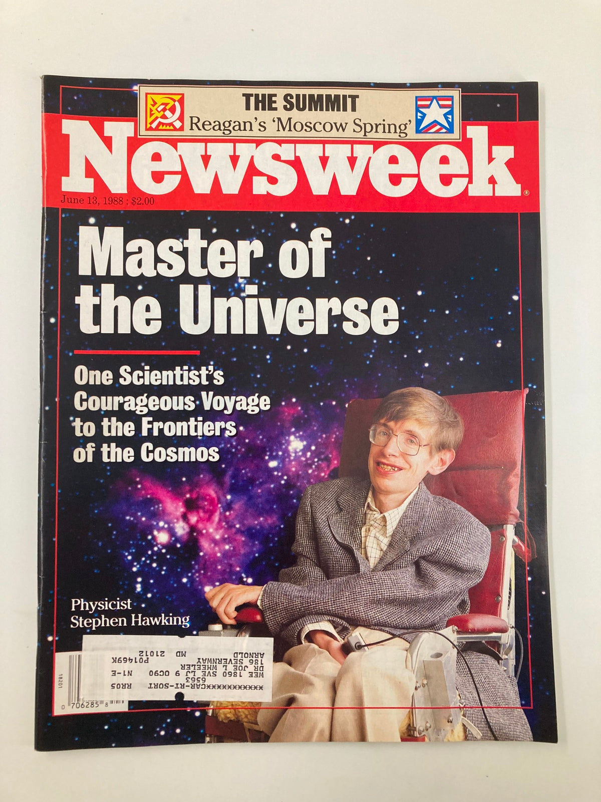VTG Newsweek Magazine from June 13, 1988, featuring physicist Stephen Hawking on the cover with the title 'Master of the Universe'. The magazine highlights Hawking's theories and contributions to astrophysics against a cosmic background.
