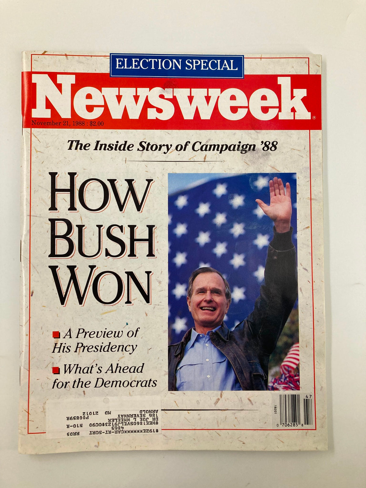 VTG Newsweek Magazine November 21 1988 cover featuring a smiling George H.W. Bush celebrating his election victory, with the headline 'How Bush Won' and subheadings related to his presidency and the Democrats.