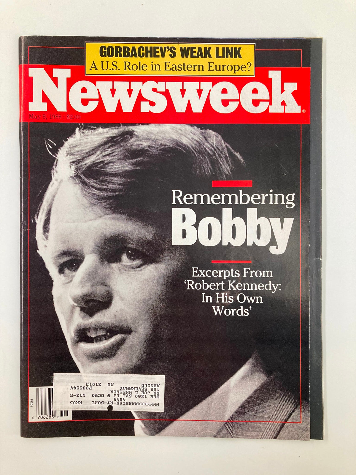 VTG Newsweek Magazine May 9 1988 cover featuring a tribute to Bobby Kennedy with the title 'Remembering Bobby' and excerpts from 'Robert Kennedy: In His Own Words.' The cover showcases a black and white image of Bobby Kennedy along with notable headlines.