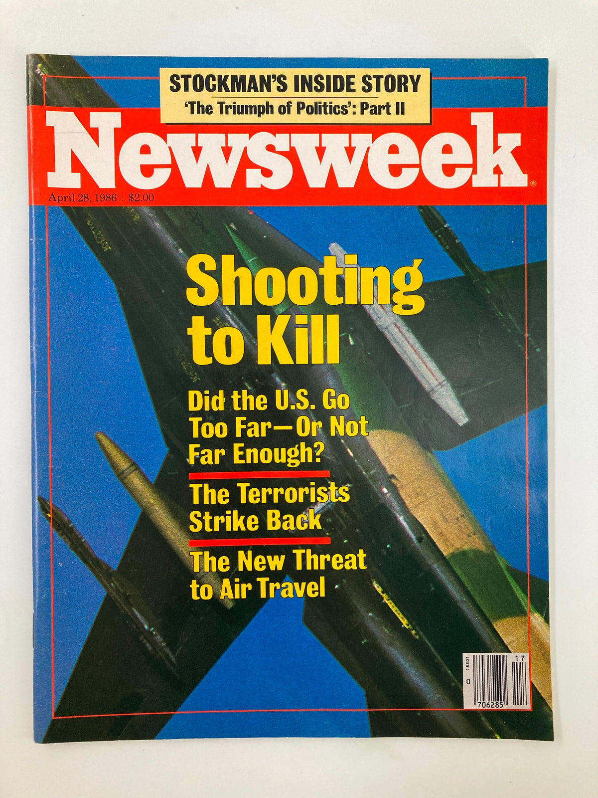 VTG Newsweek Magazine April 28, 1986, featuring the cover story 'The Triumph of Politics Part II.' The cover displays a bold red title with subheadings discussing political themes such as 'Shooting to Kill' and 'The New Threat to Air Travel.' This vintage magazine is an insightful piece of political history.