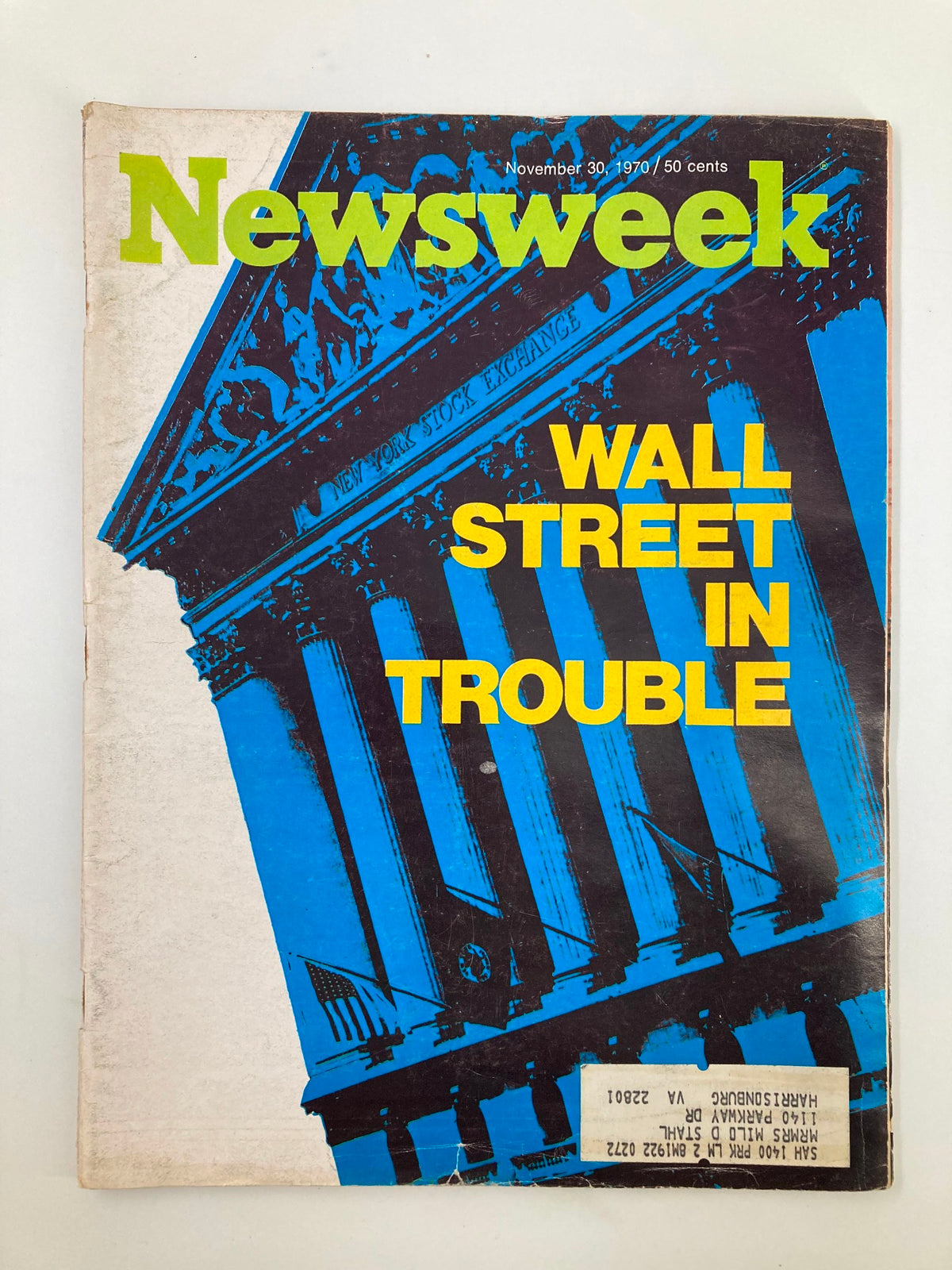 VTG Newsweek Magazine November 30, 1970, featuring the headline 'Wall Street In Trouble' with a striking blue and yellow design, showcasing the New York Stock Exchange.