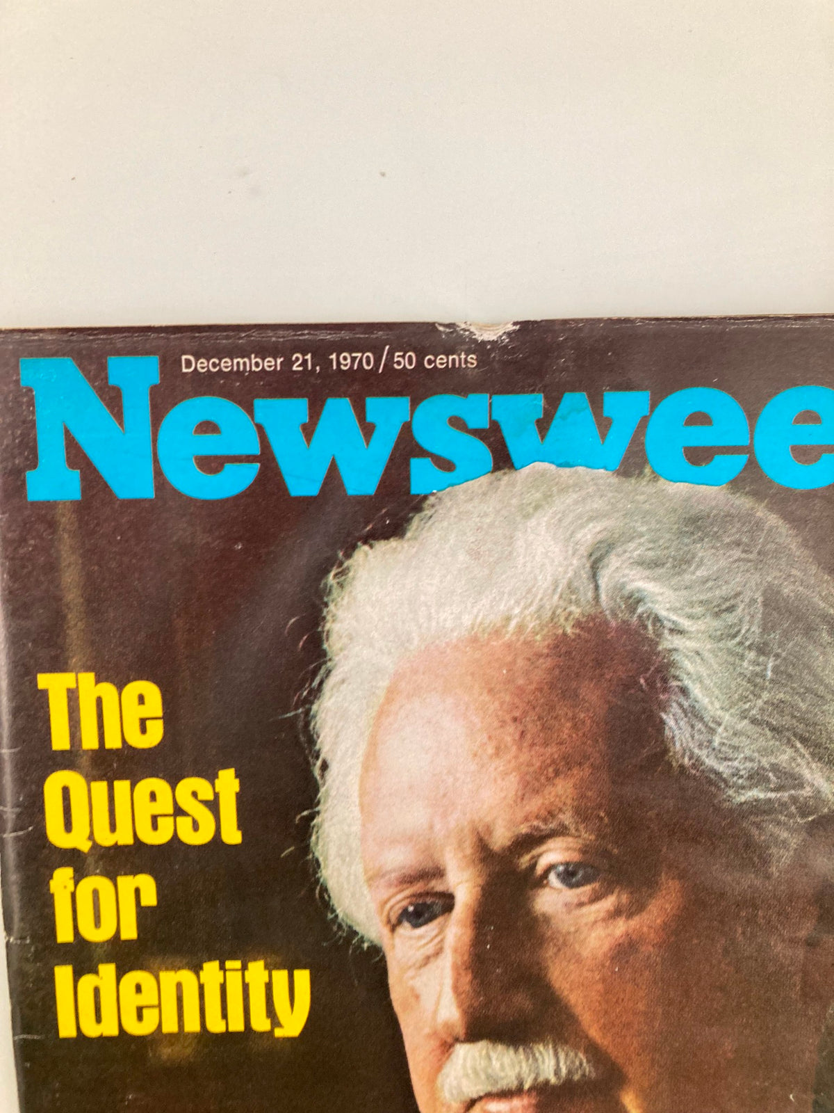 Close-up of the cover of VTG Newsweek Magazine dated December 21, 1970, highlighting the title 'The Quest for Identity' with a detailed view of Erik H. Erikson's face.