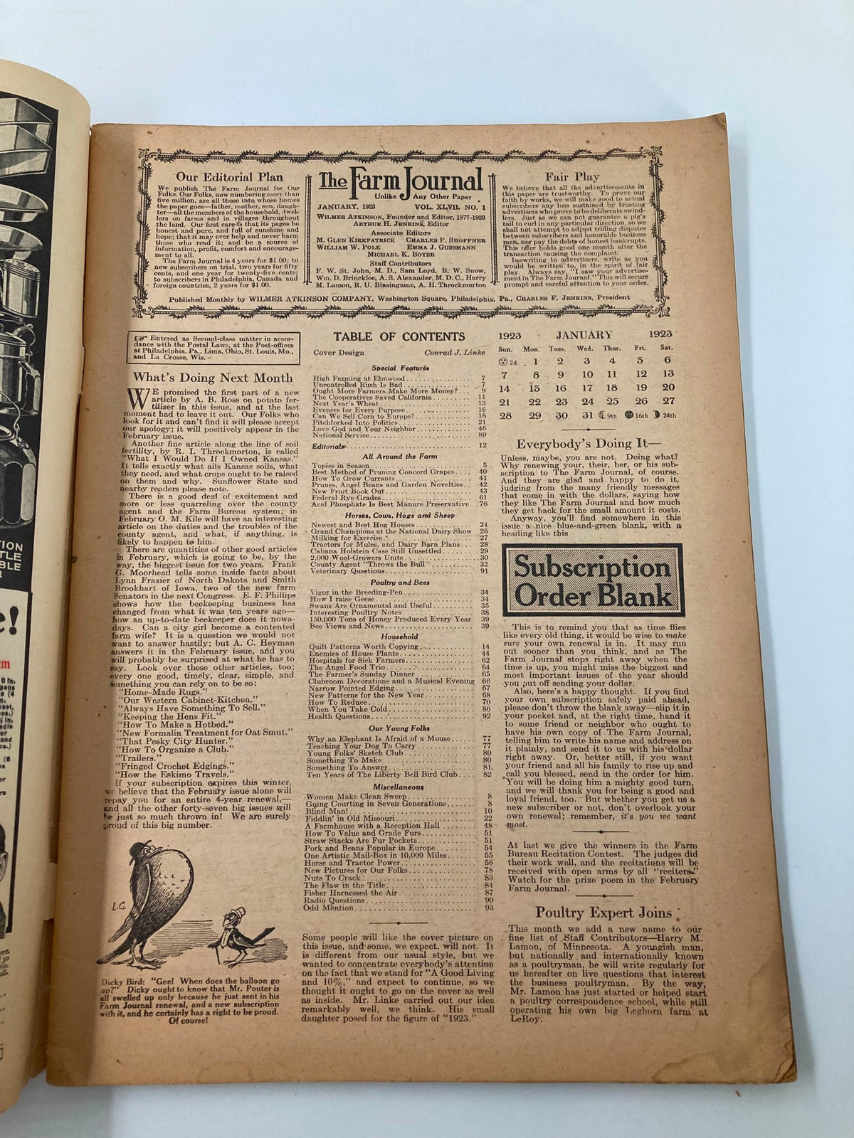 Interior page of the VTG The Farm Journal Magazine January 1923 displaying the Table of Contents, showcasing features and articles relevant to early 1920s farming practices and the magazine's editorial plans.
