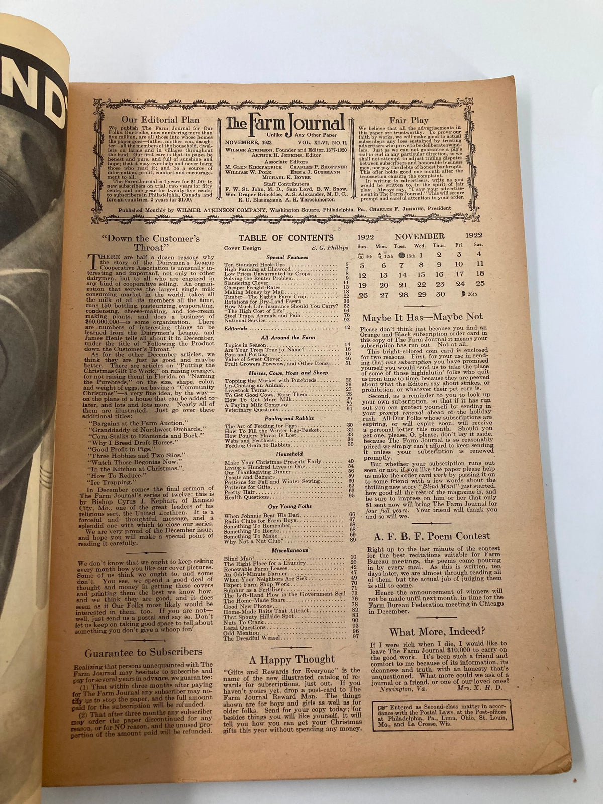 Inside page of the VTG The Farm Journal Magazine November 1922 showcasing the editorial plan and table of contents, reflecting the publication's focus on agricultural topics and community engagement.