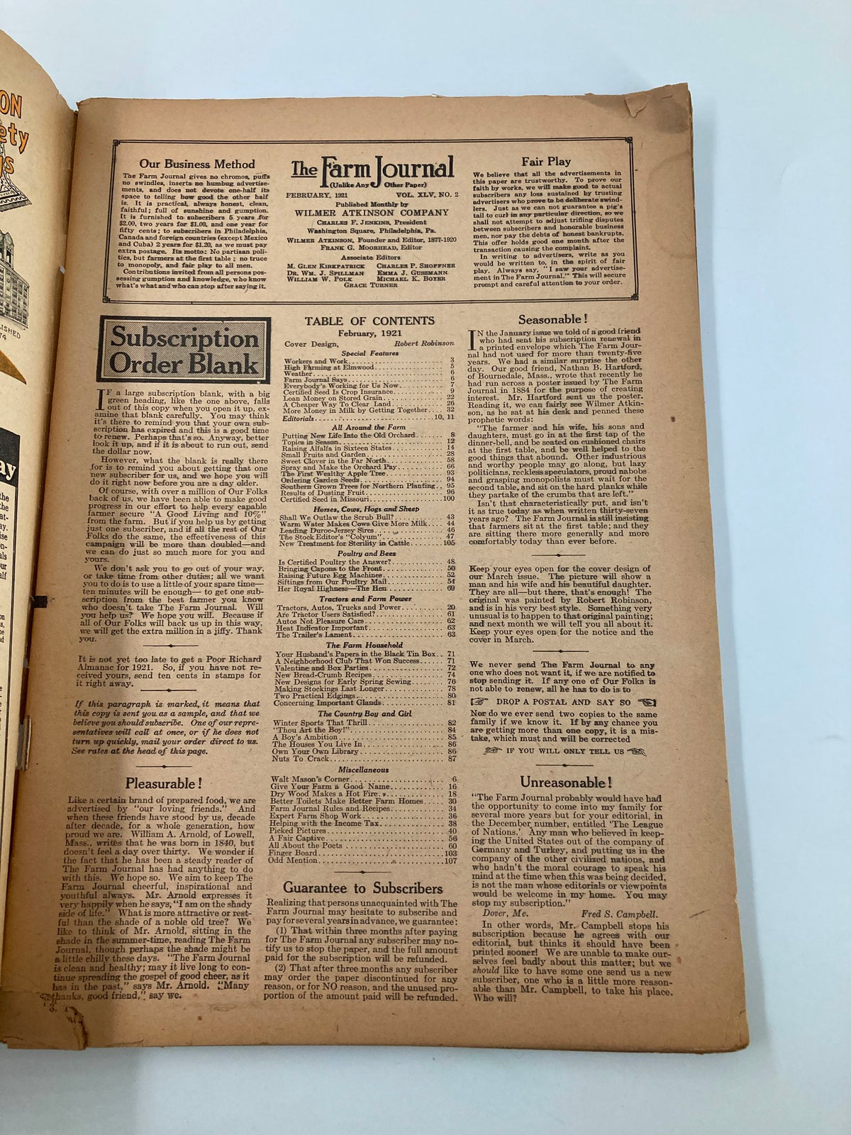 Interior page of VTG The Farm Journal Magazine February 1921 showing subscription information and table of contents, reflecting early 20th-century agricultural practices.