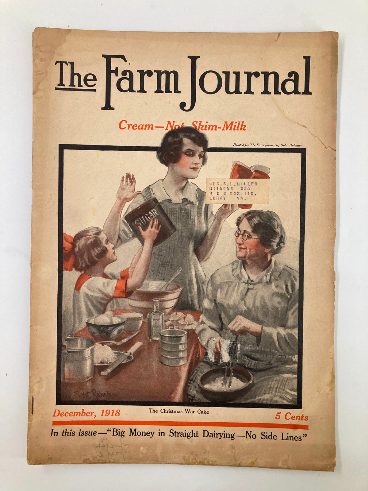 Detailed view of VTG The Farm Journal Magazine December 1918 highlighting the feature article 'Big Money in Straight Dairying - No Side Lines'.