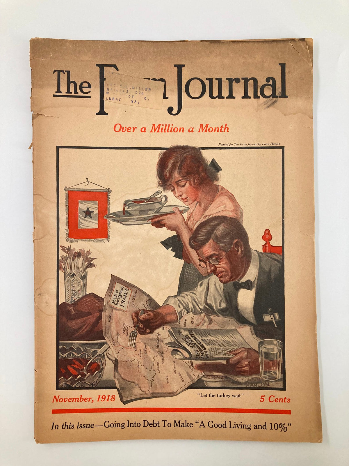 Cover of VTG The Farm Journal Magazine November 1918, featuring a woman serving food and a man examining a map, highlighting the article "Going Into Debt to Make A Good Living."