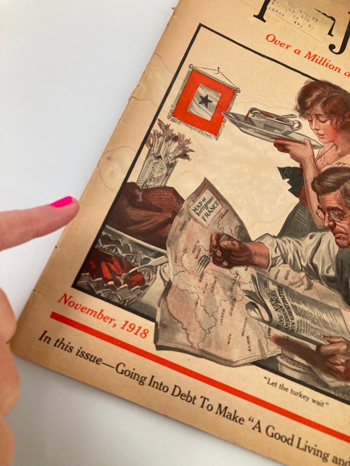 Detail of the cover of VTG The Farm Journal Magazine November 1918, with the date and article title clearly visible, showcasing the vintage aesthetic and historical context of farming.