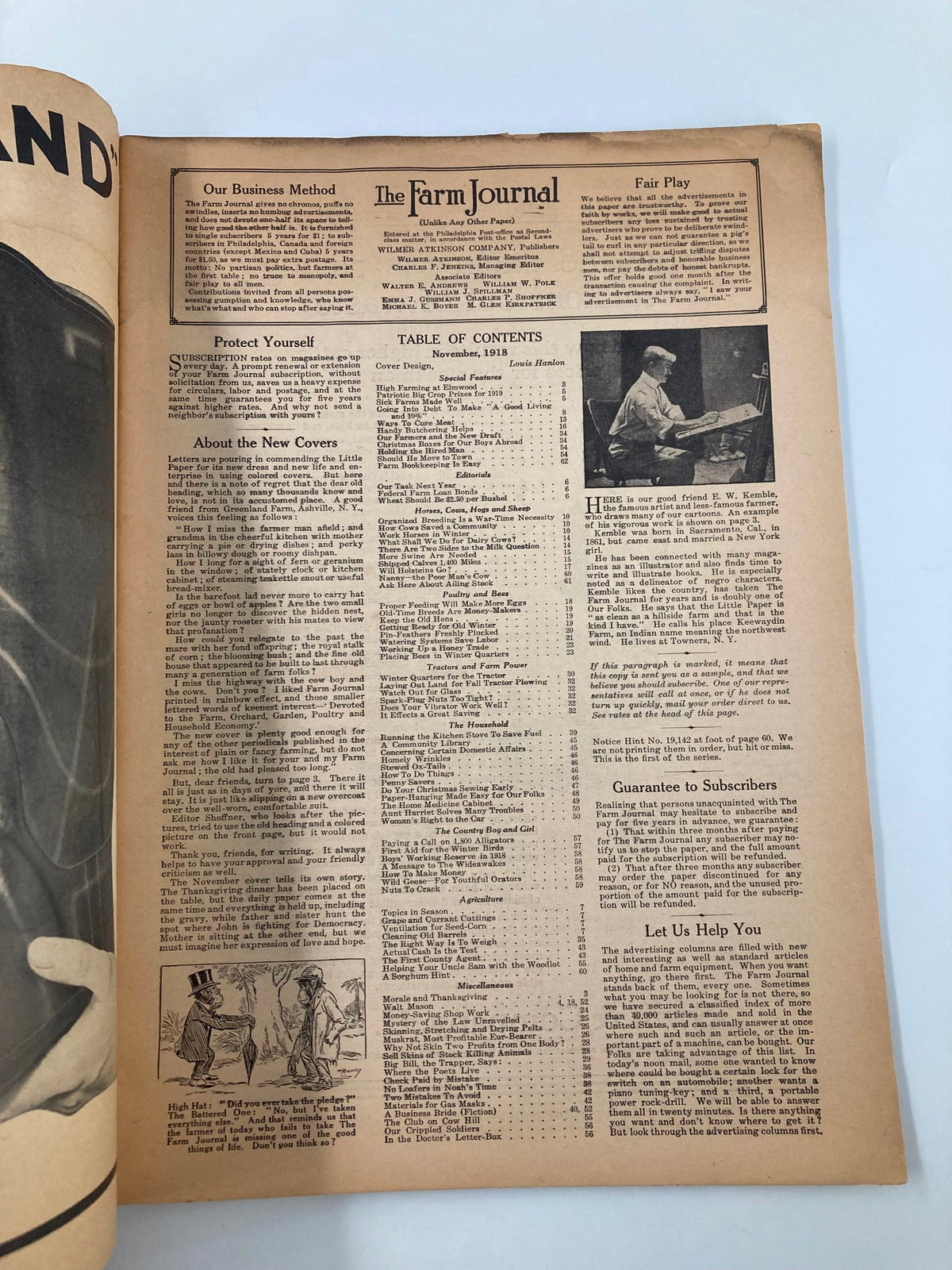 Interior page of VTG The Farm Journal Magazine November 1918 displaying the table of contents and details about farming practices, reflecting the era's agricultural insights.