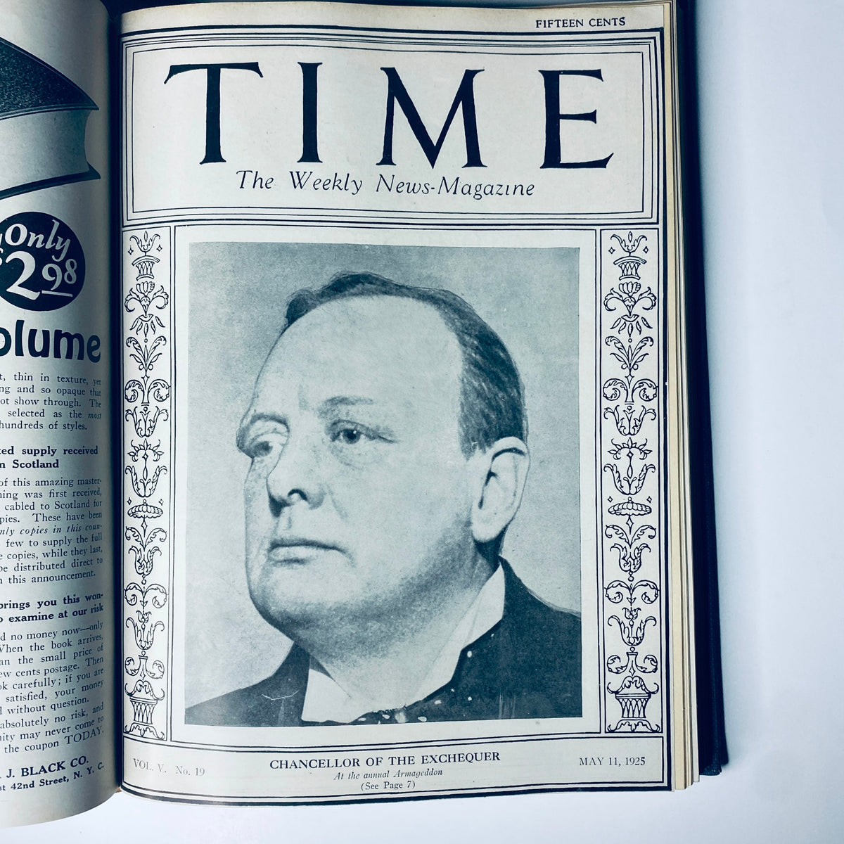 Front page of Time Magazine from May 11, 1925, highlighting the Chancellor of the Exchequer with a photographic portrait. Time Magazine Bound Weekly 1925 January - June Churchill Edison Lull.