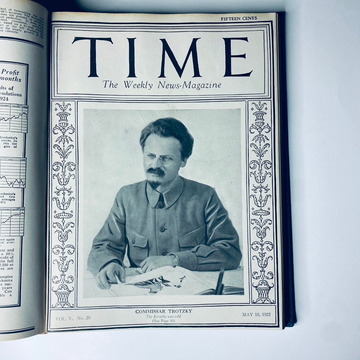 Front page of Time Magazine from May 18, 1925, featuring a portrait of Commissar Trotzky. Time Magazine Bound Weekly 1925 January - June Churchill Edison Lull.