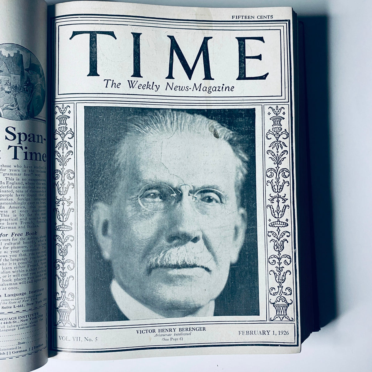 Cover of Time Magazine, February 1, 1926, featuring Victor Henry Berenger. A historical archive highlighting significant figures of the mid-1920s.