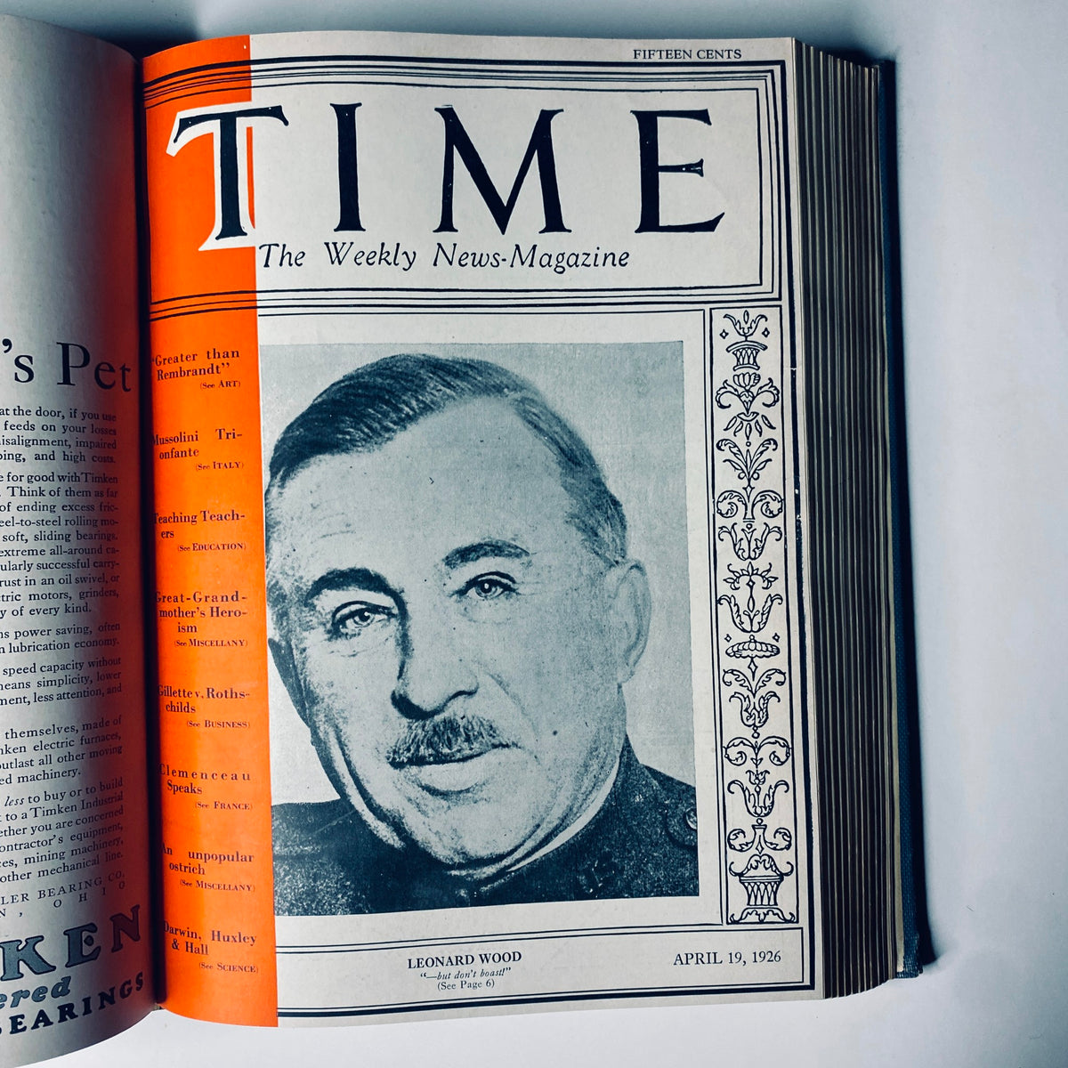 Time Magazine cover featuring Leonard Wood, April 19, 1926, from the Time Magazine Bound Weekly 1926 January - June.