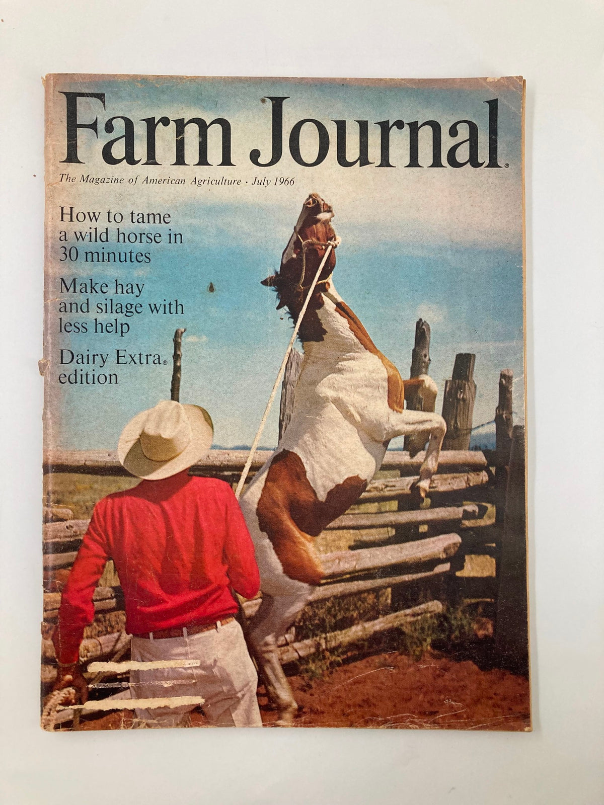 Cover of VTG Farm Journal Magazine July 1966 featuring a striking image of Reub Long, an Oregon rancher, calming a wild horse. The cover showcases the article 'How to tame a wild horse in 30 minutes' along with the tagline about making hay and silage with less help.