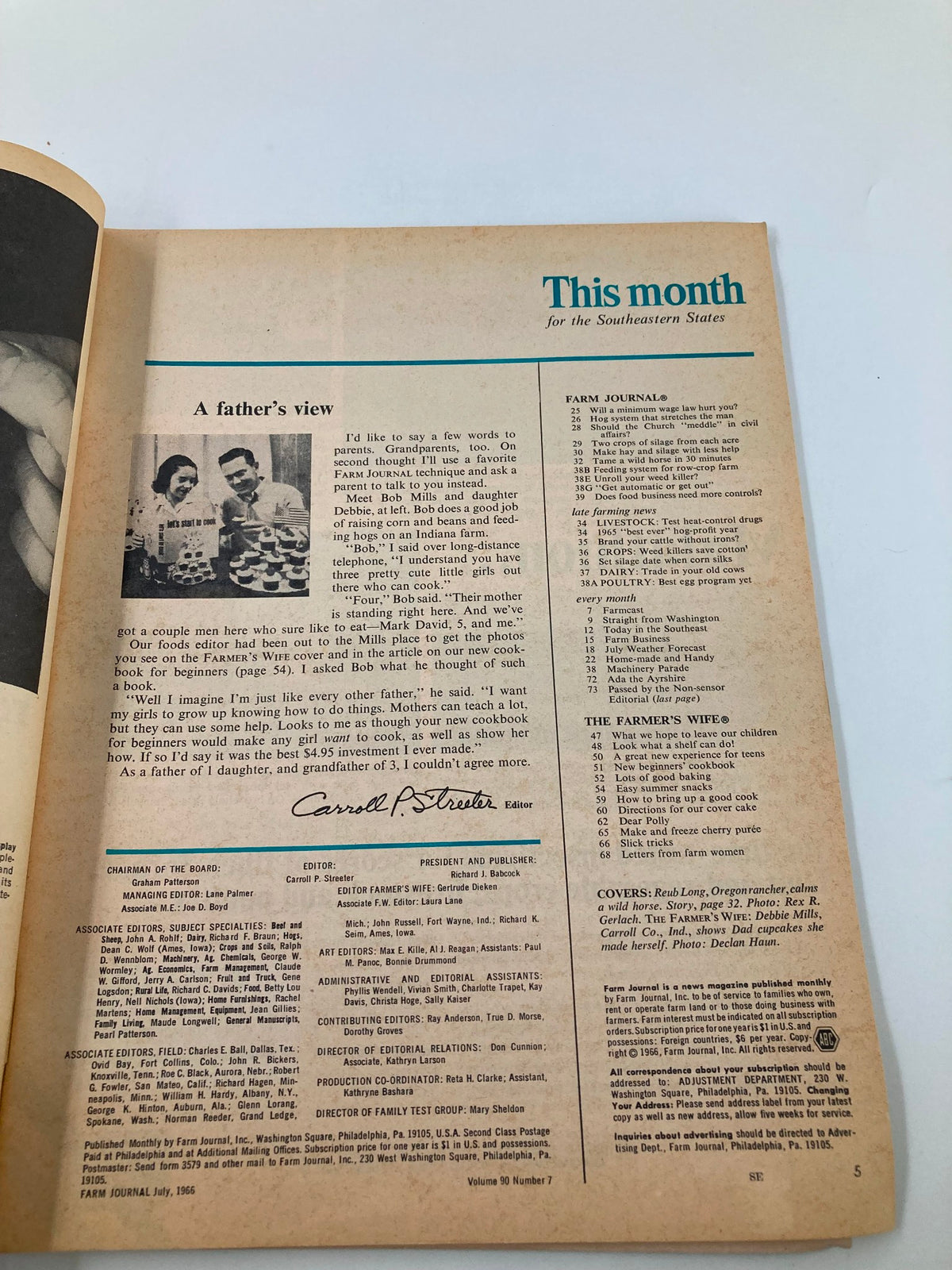 Inside page of the vintage Farm Journal magazine from July 1966, showcasing an article titled 'A Father's View' discussing family farming practices. The page features editor Carroll P. Streeter's message and highlights the magazine's monthly themes and topics relevant to rural life and agriculture.