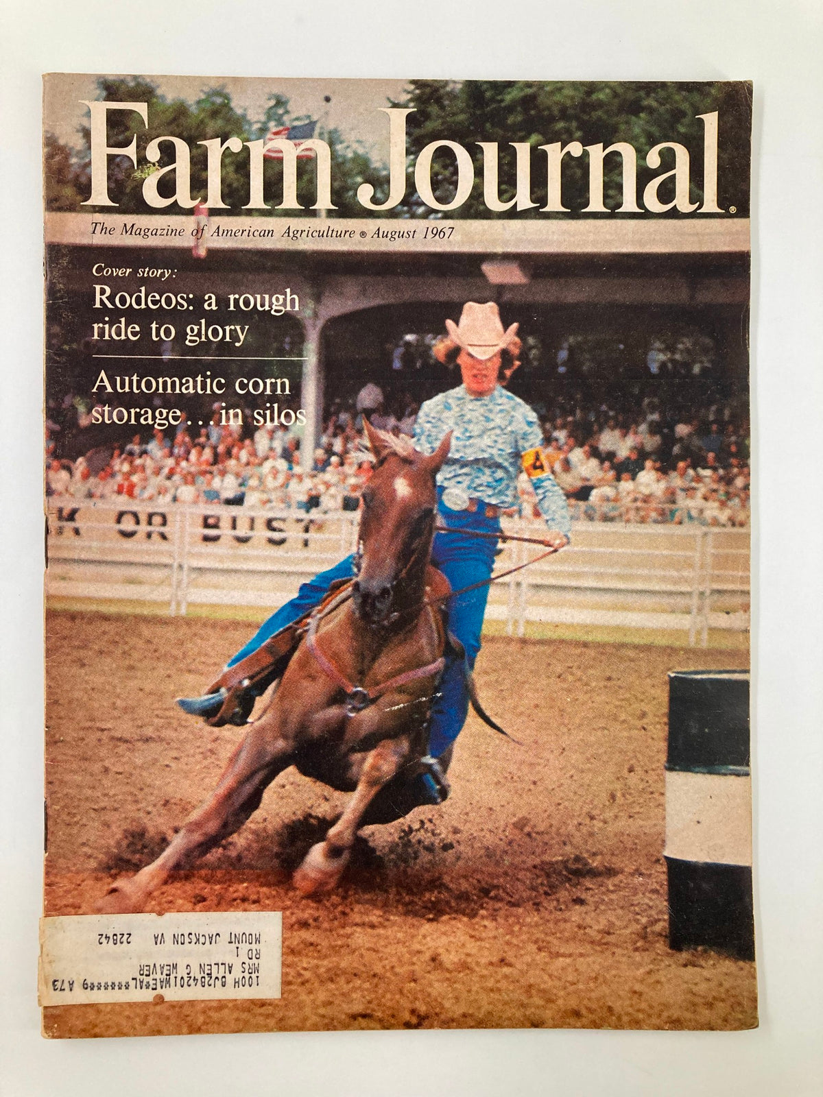 Cover of VTG Farm Journal Magazine August 1967 featuring rodeos, titled 'Rodeos: A Rough Ride to Glory' with a cowboy riding a horse.