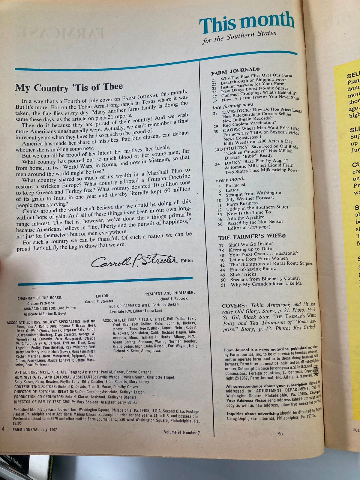 Page from VTG Farm Journal Magazine July 1967 displaying the editorial section titled 'My Country 'Tis of Thee', discussing themes of patriotism and American agriculture.