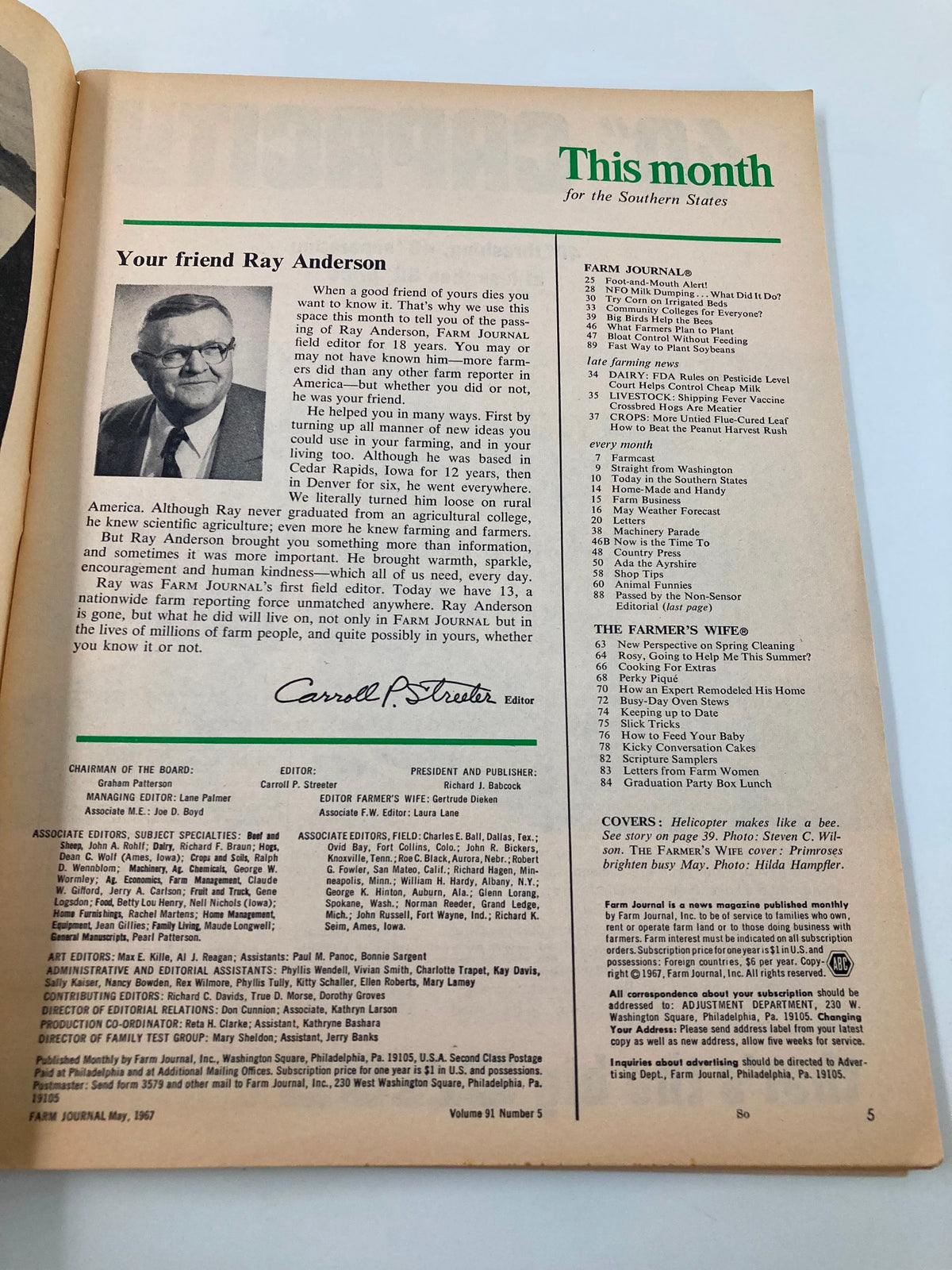 Inside page of VTG Farm Journal Magazine, May 1967, highlighting contributions by Ray Anderson and the magazine's editorial content.
