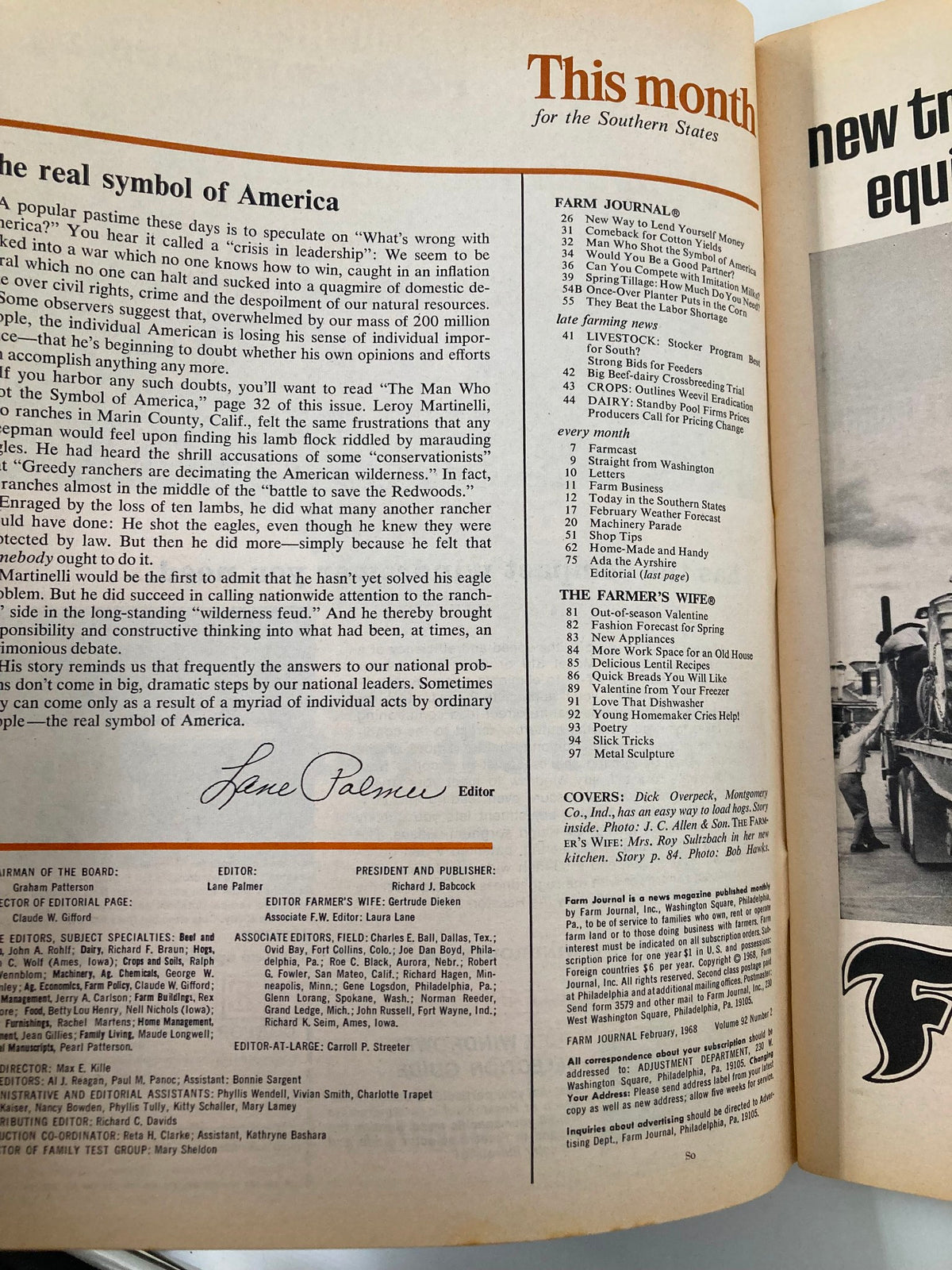 Inside page of the VTG Farm Journal Magazine February 1968, showcasing editorials and articles relevant to American agriculture during the 1960s.