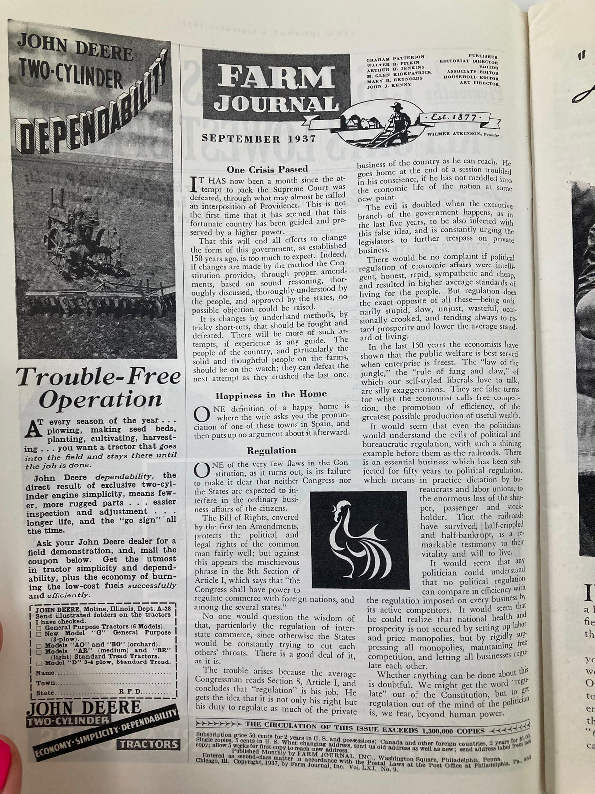 Interior page of VTG Farm Journal Magazine, September 1937, showcasing articles on rural life, including content discussing farming, happiness in the home, and regulations from the era.