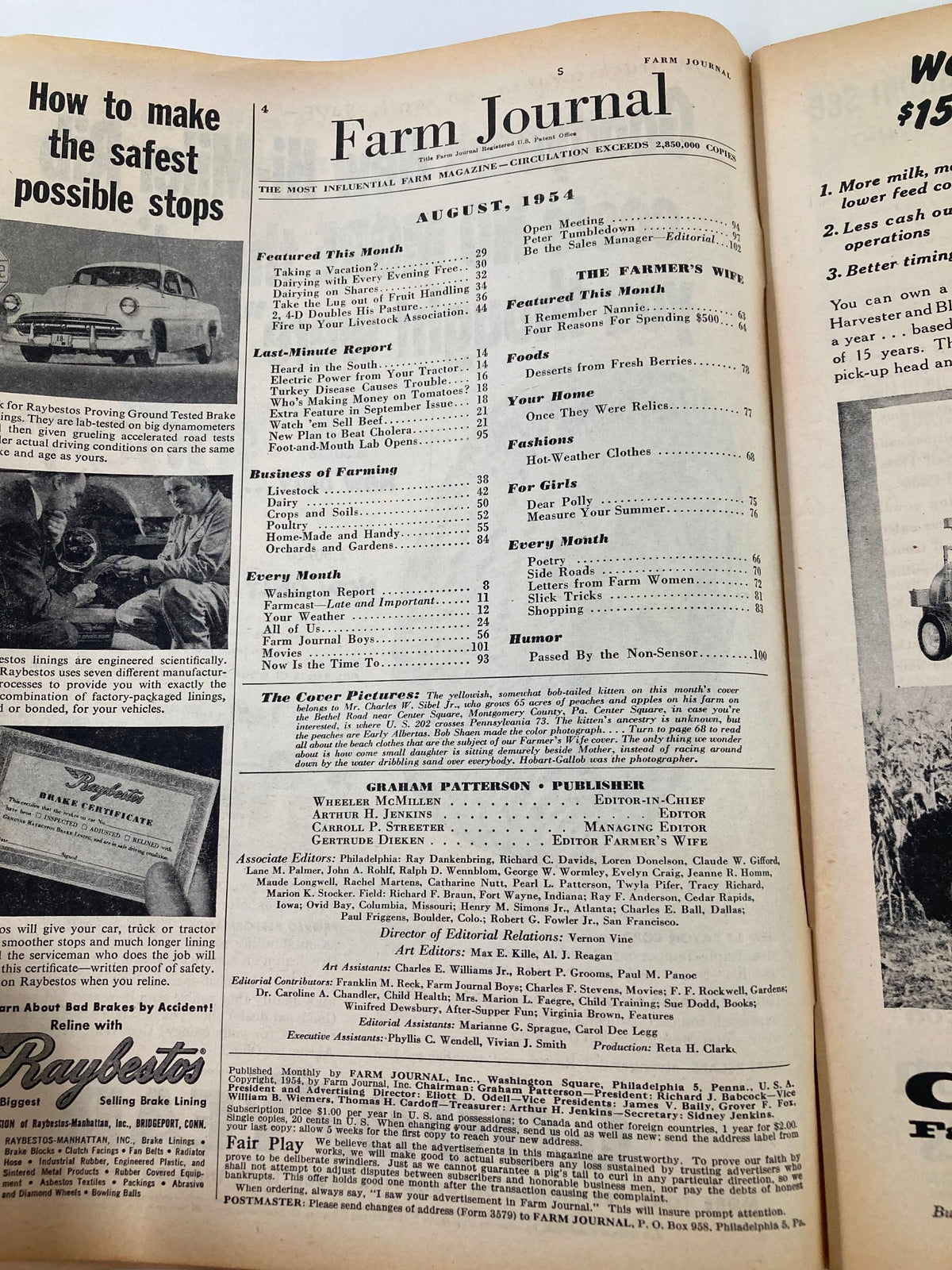 Interior page of the VTG Farm Journal Magazine August 1954 displaying the table of contents and features such as farming tips and articles.