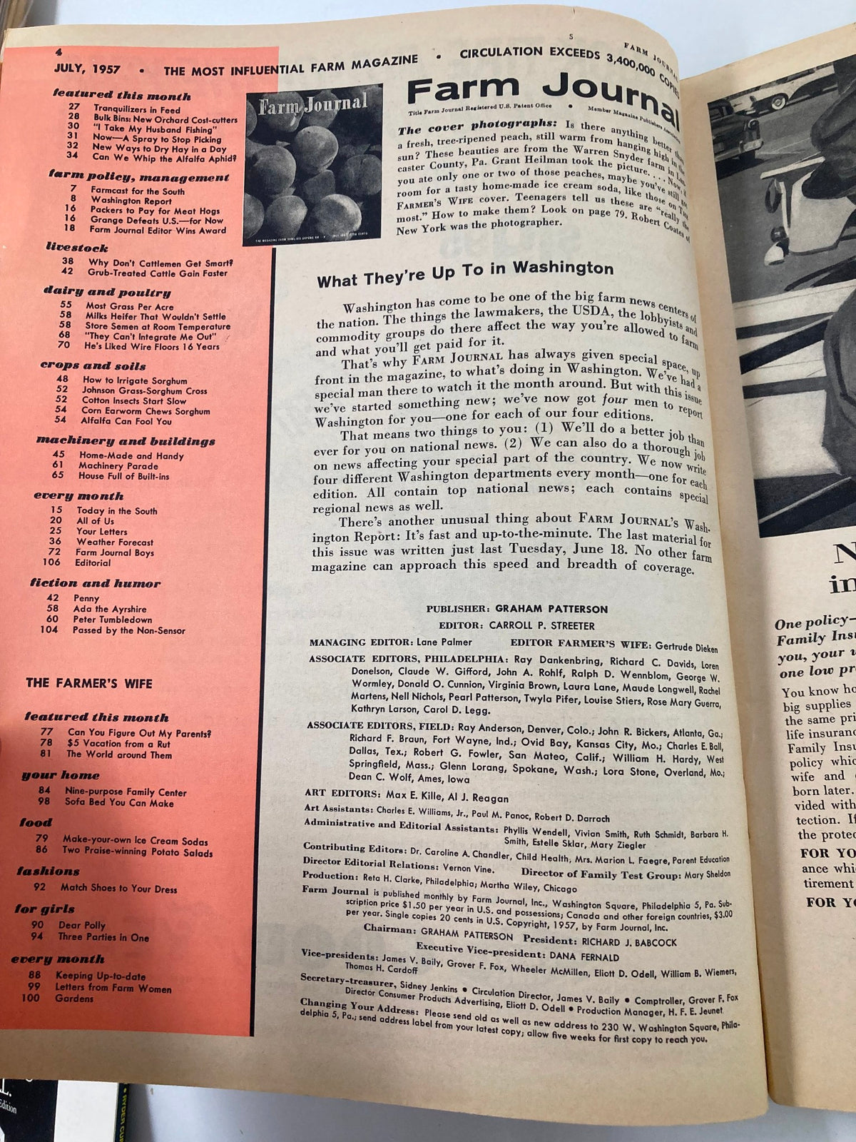 Interior page of VTG Farm Journal Magazine July 1957 displaying various articles and sections, showcasing farming topics and lifestyle insights from the time.
