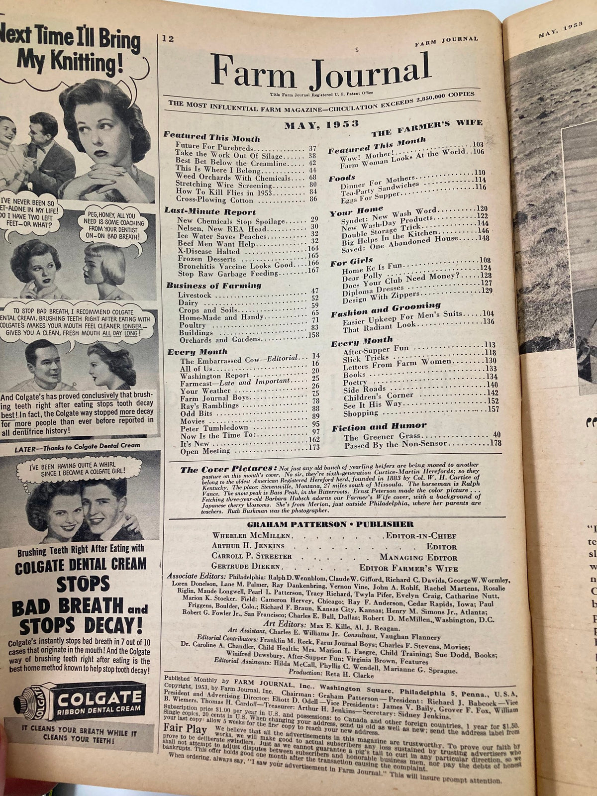 Farm Journal Magazine May 1953 showcasing the contents with a focus on agriculture topics and features about Curtice-Martin Herefords.