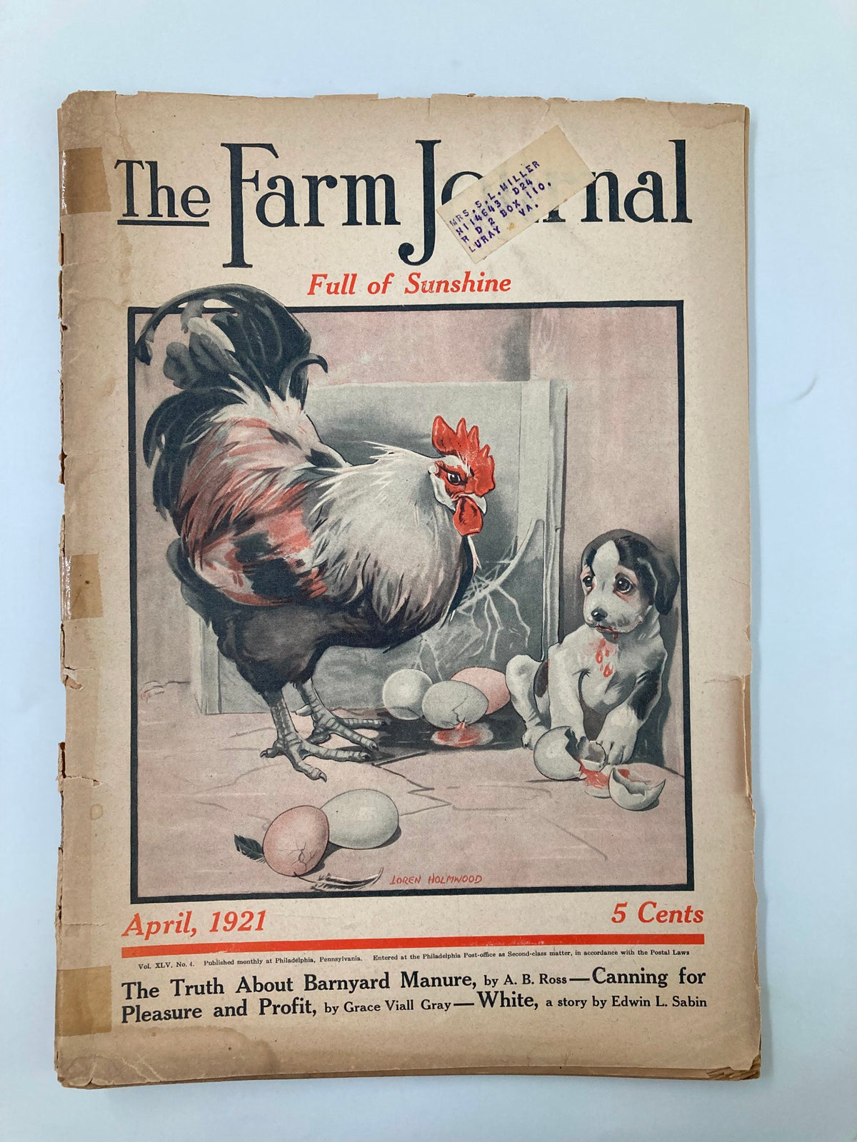 Cover of the VTG The Farm Journal Magazine April 1921 featuring a colorful illustration of a rooster and a puppy, highlighting rural life and agriculture.