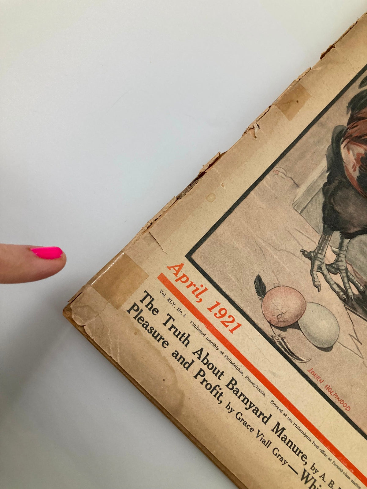 Detail of the cover of the VTG The Farm Journal Magazine April 1921, showcasing the magazine title with a focus on the publication date and article details.