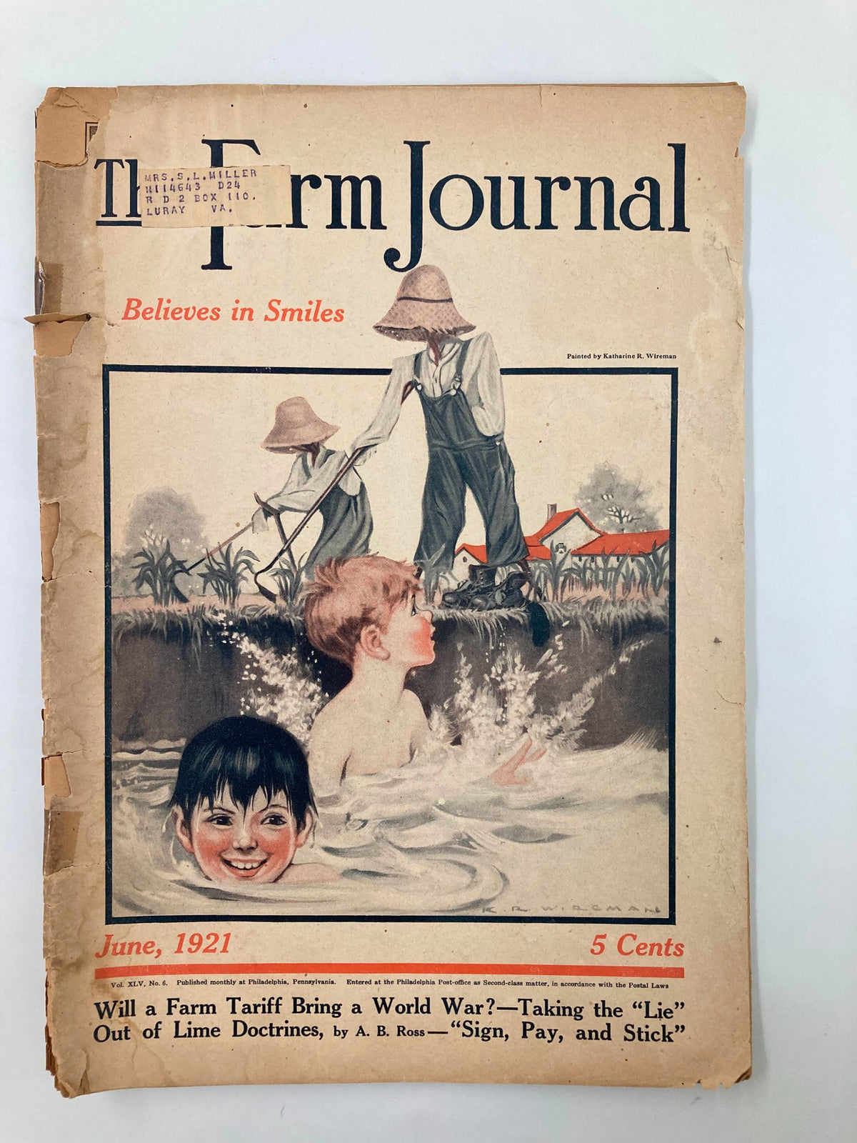 Cover of VTG The Farm Journal Magazine June 1921, featuring a boy in a pool and farm workers in the background, discussing the topic 'Will a Farm Tariff Bring a World War?'.