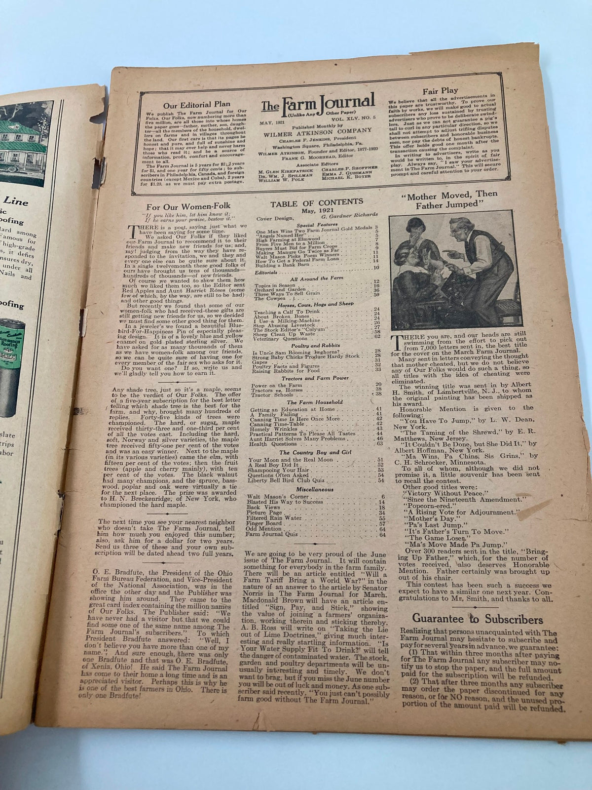 Interior page of VTG The Farm Journal Magazine May 1921 displaying content, articles, and table of contents related to farming.