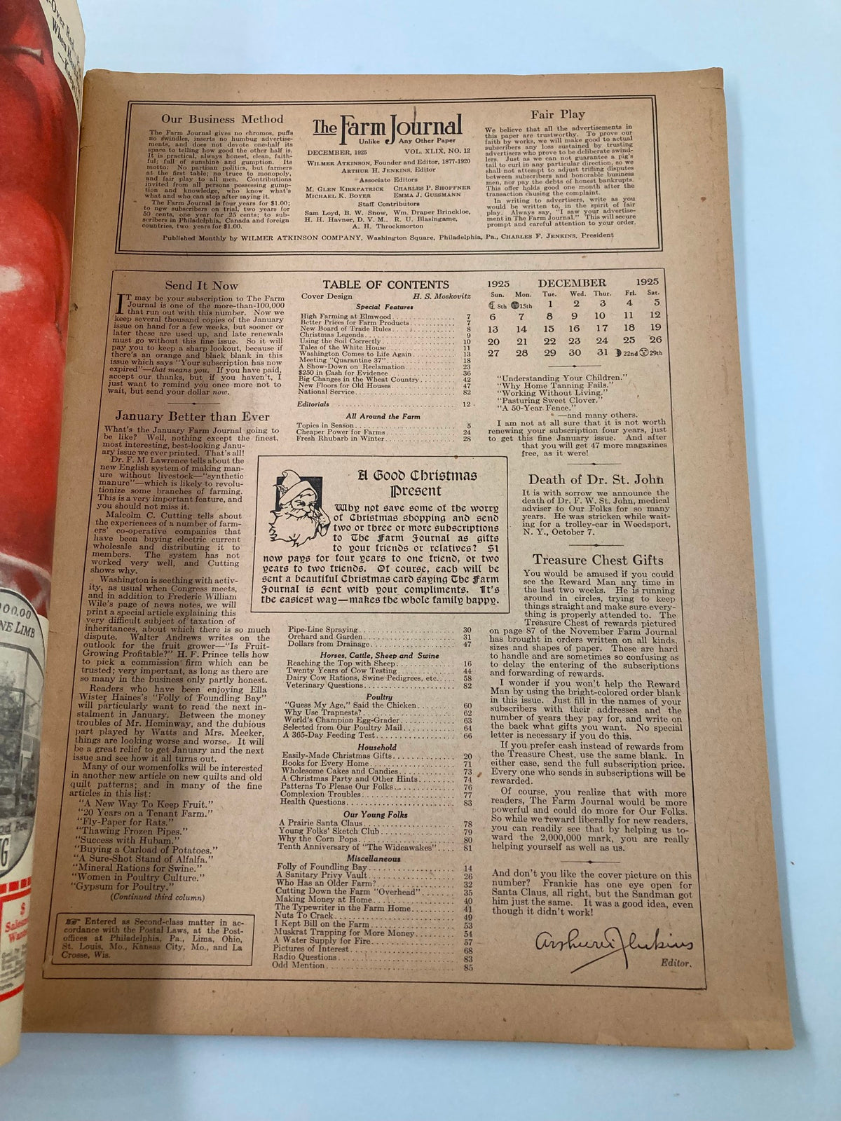 Inside page of VTG The Farm Journal Magazine December 1925 displaying the table of contents and publisher details, reflecting the magazine's historical significance in agriculture.