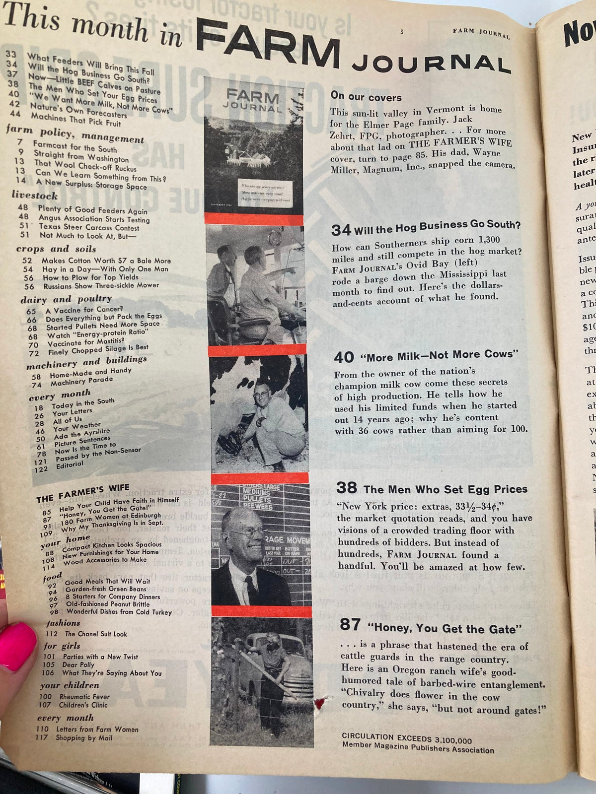 Interior page of VTG Farm Journal Magazine from September 1959 featuring content highlights, including articles on farming, livestock management, and rural lifestyle in the Sun-Lit Valley of Vermont.