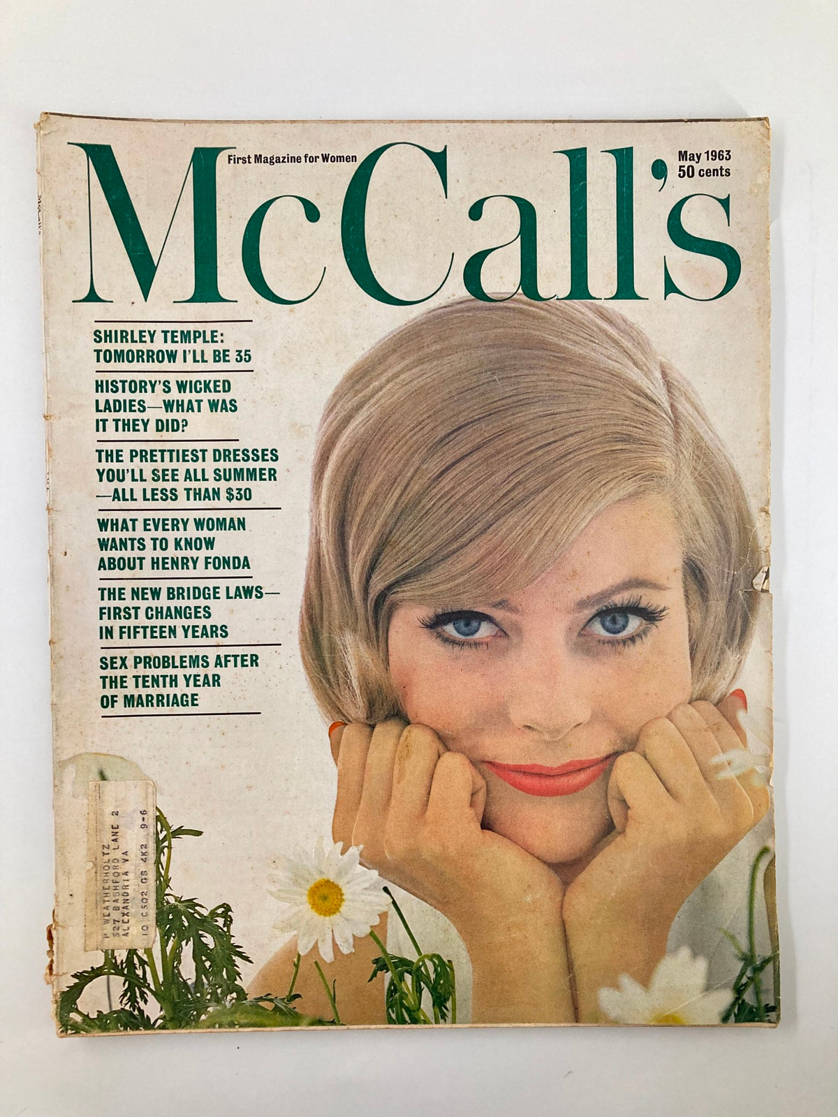 Cover of VTG McCall's Magazine May 1963 featuring Shirley Temple with the article 'Tomorrow I'll Be 35', showcasing vintage design and fashion.