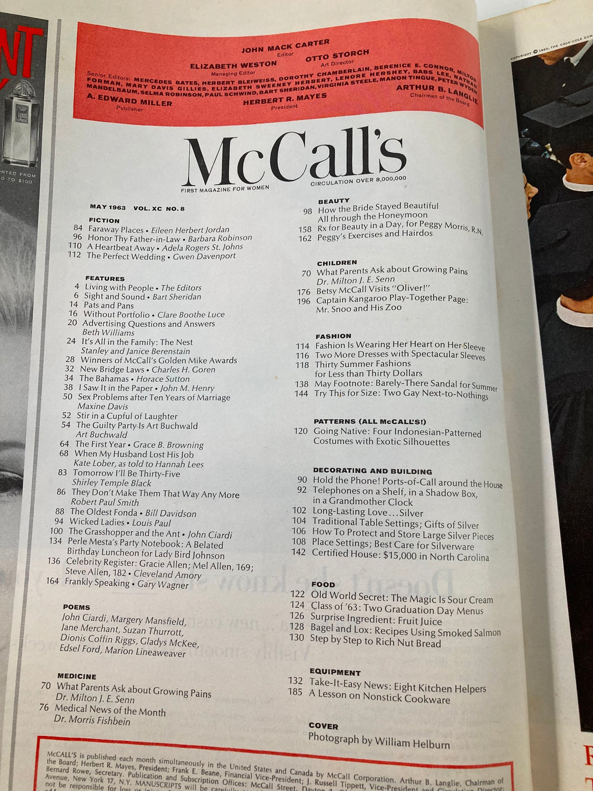 Table of contents from VTG McCall's Magazine May 1963 showcasing various articles including 'Tomorrow I'll Be 35' about Shirley Temple.