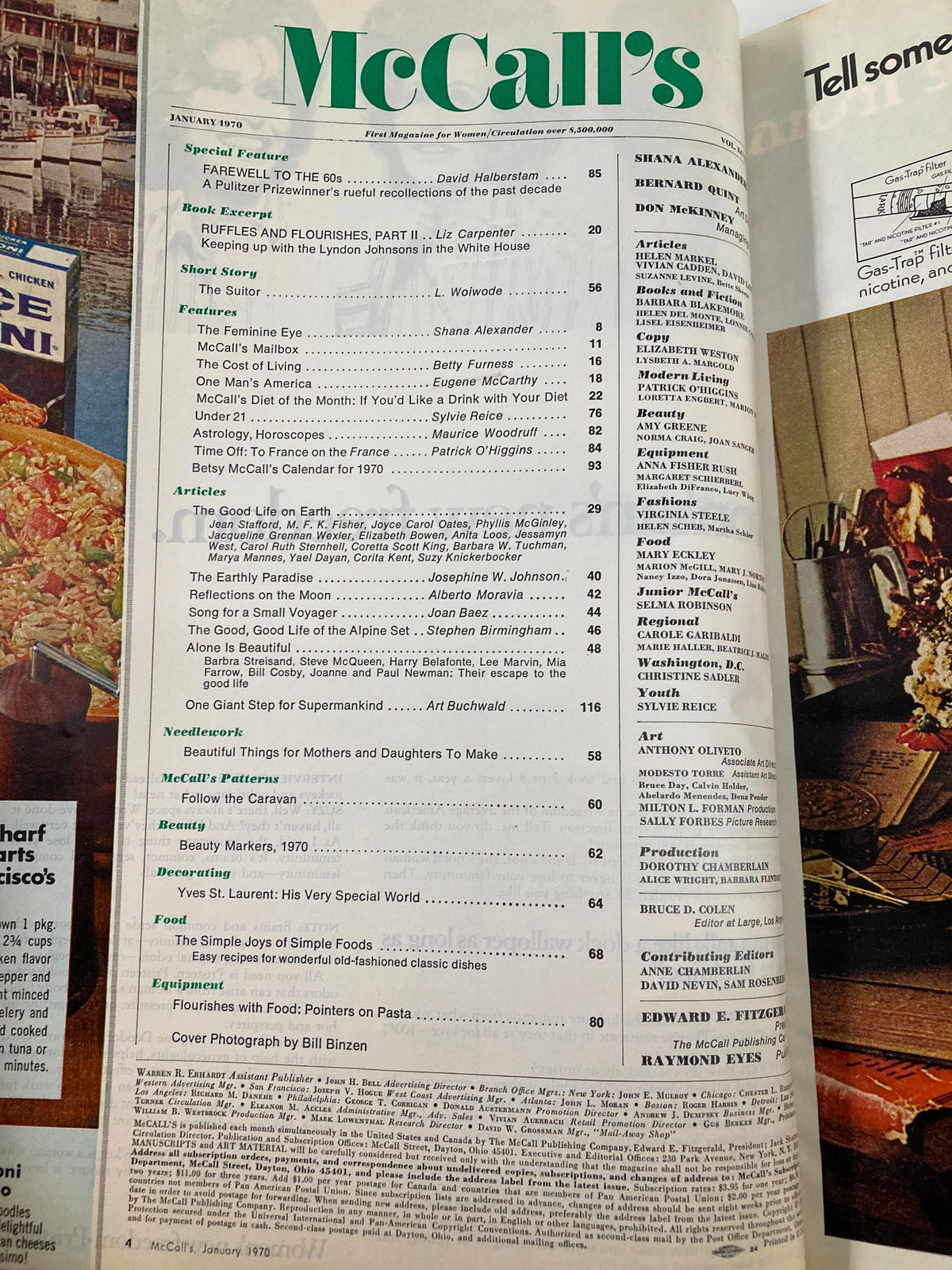 Interior page of VTG McCall's Magazine January 1970 titled 'The Good, Good Life of the Alpine Set', featuring the table of contents with various articles, recipes, and features reflecting the Alpine lifestyle and culture of the early 1970s.