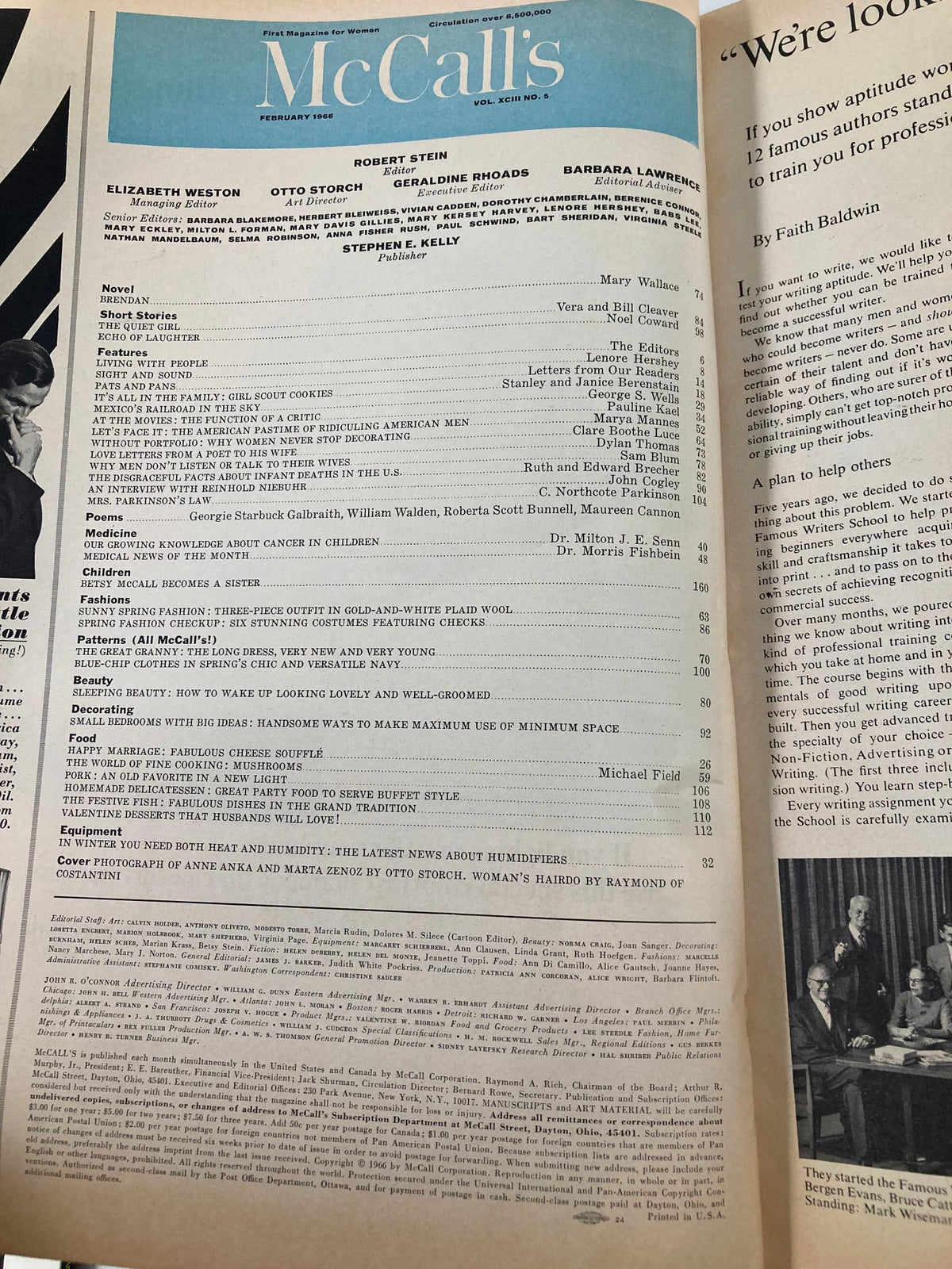 Interior page of VTG McCall's Magazine February 1966 displaying the contents and articles list, reflecting the cultural themes of the era.