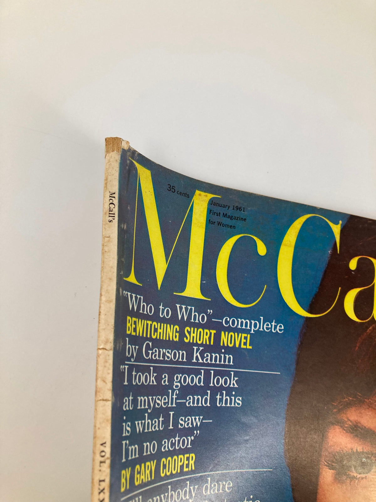 Close-up of the top corner of VTG McCall's Magazine January 1961 titled 'The Wonderful World of Little Fishes', displaying wear and vintage appeal with part of the cover text visible.