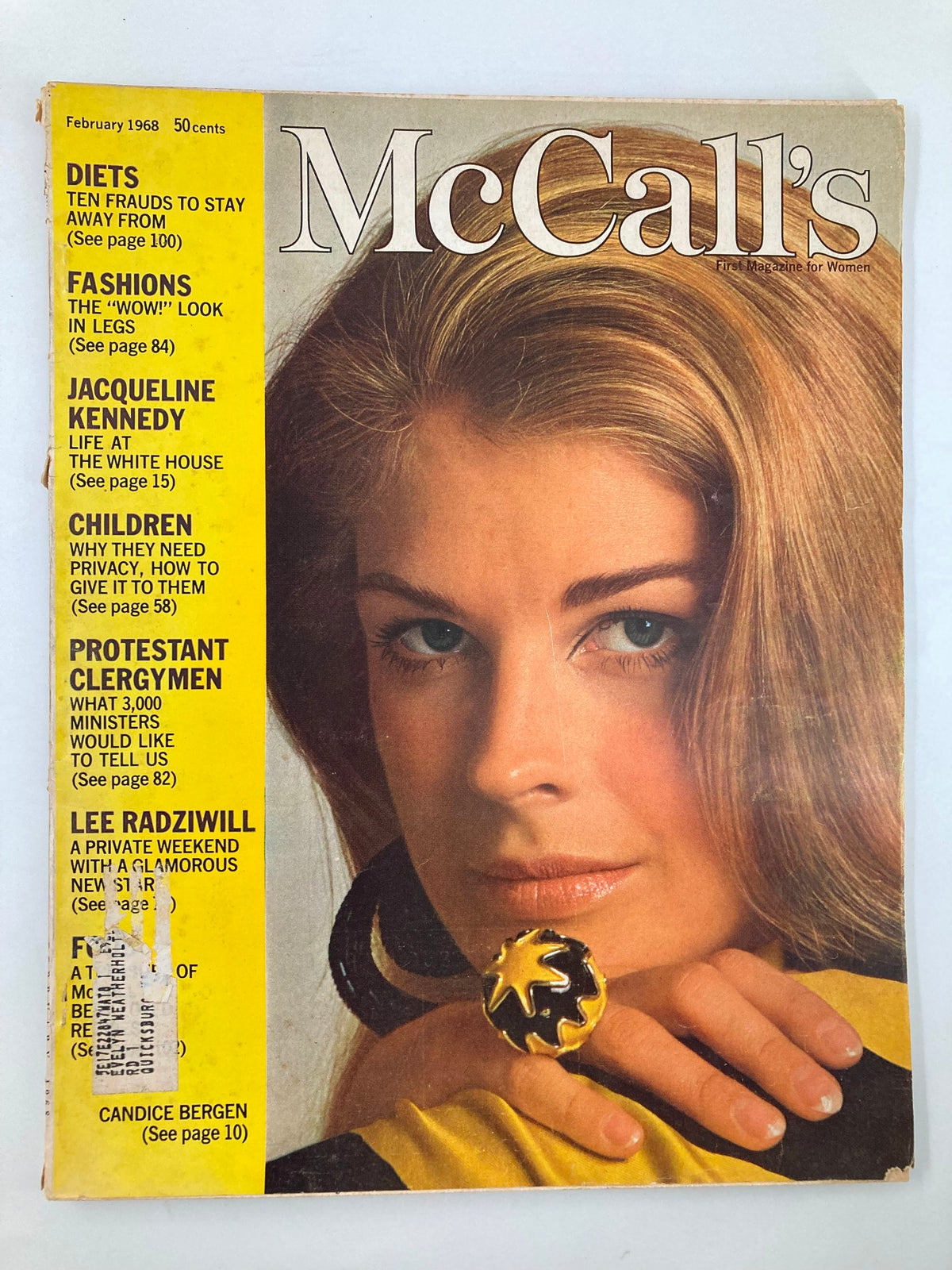 Vintage McCall's Magazine from February 1968 featuring Jacqueline Kennedy on the cover, highlighting her life at the White House. The cover includes sections on diets, fashion, and children.