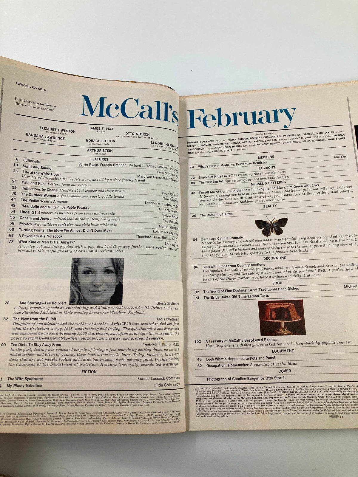Inside spread of McCall's Magazine February 1968, showcasing the table of contents and articles, including features on Jacqueline Kennedy.