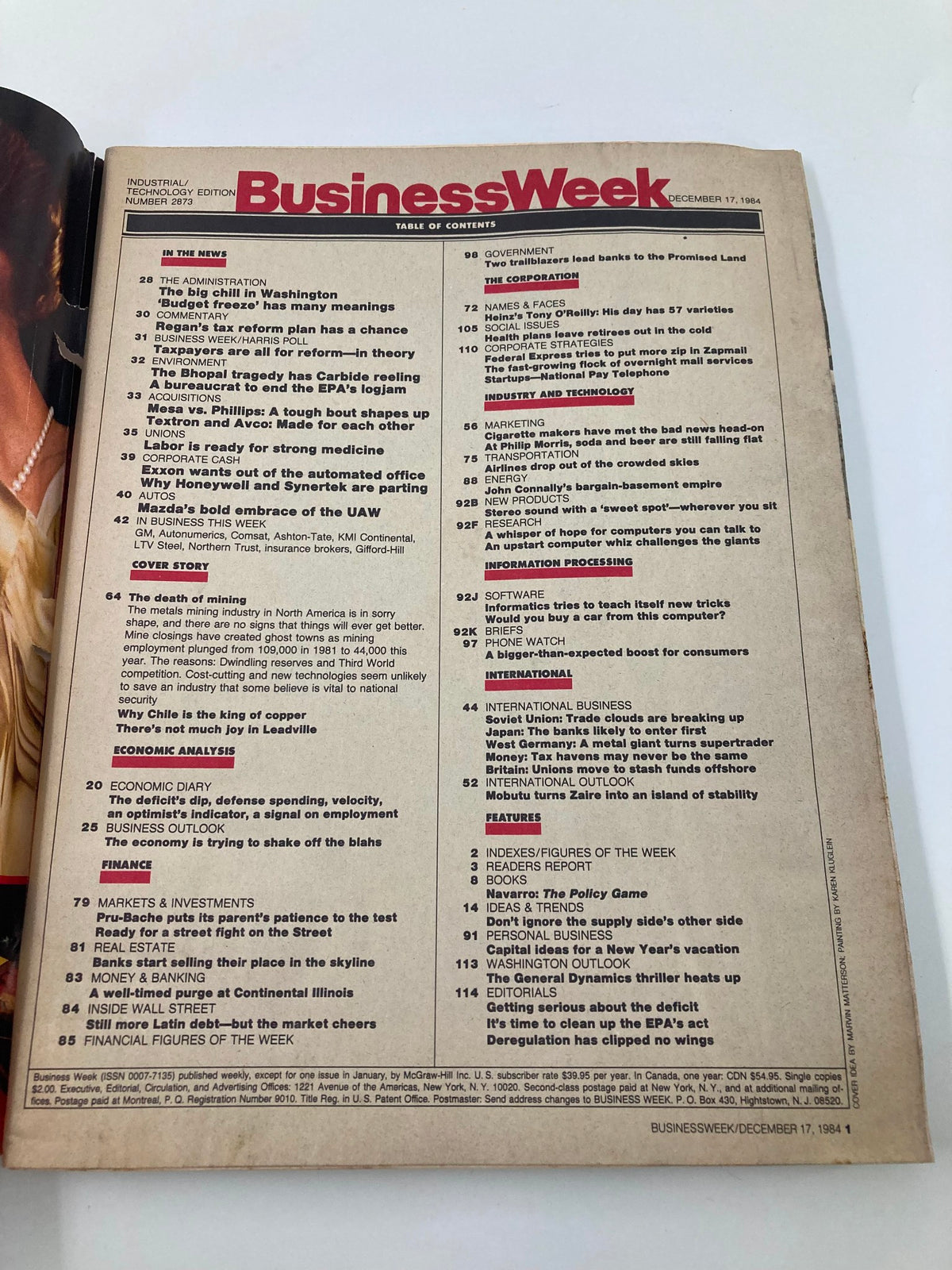 Table of contents from Business Week Magazine, December 17, 1984, providing a glimpse of various articles including the featured piece 'The Death of Mining' by Tony O'Reilly.