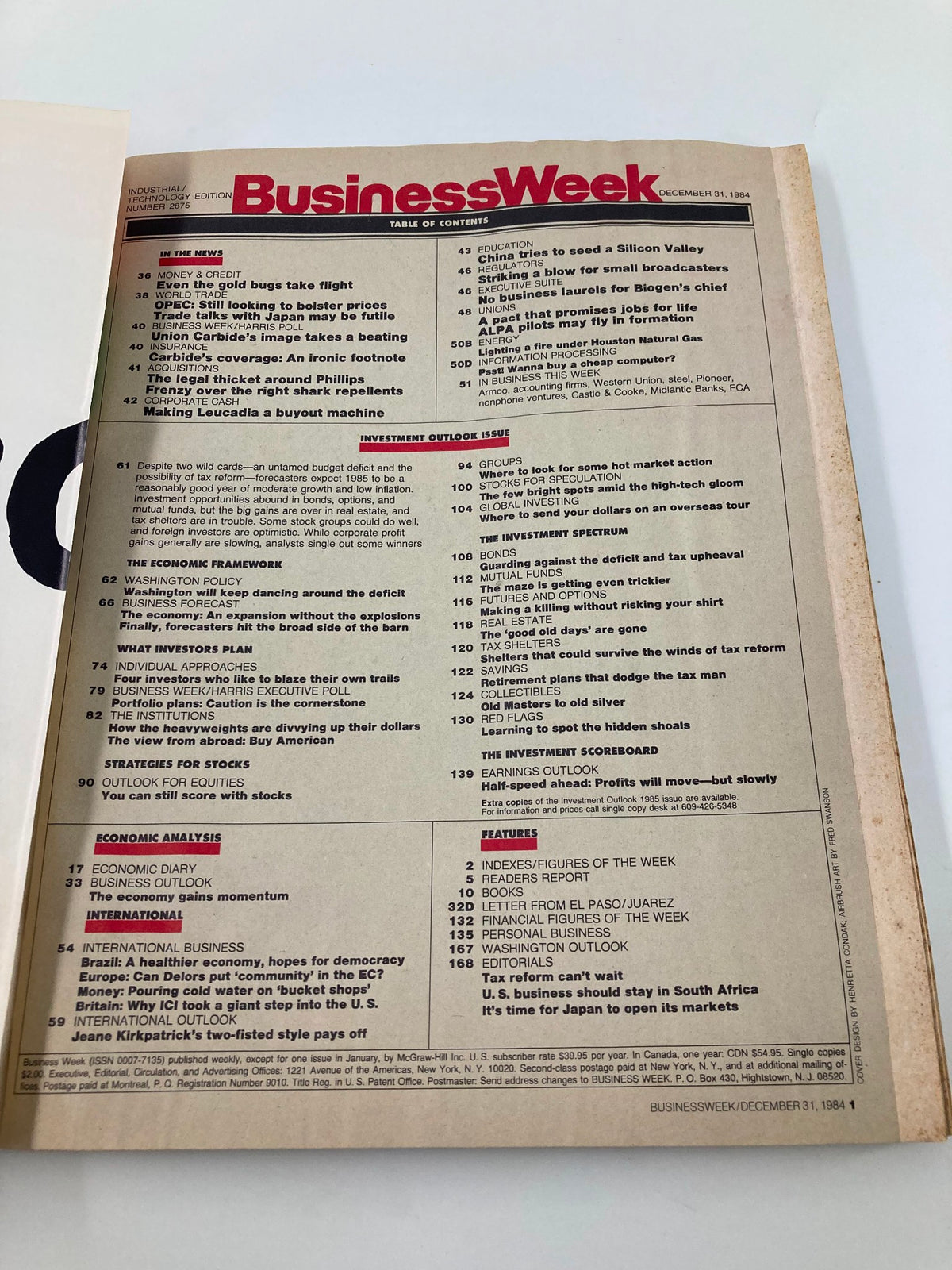 Table of contents of the VTG Business Week Magazine December 31 1984 titled 'Investment Outlook: Untamed Budget', featuring key articles and topics relevant to economic trends and investment strategies of the time.