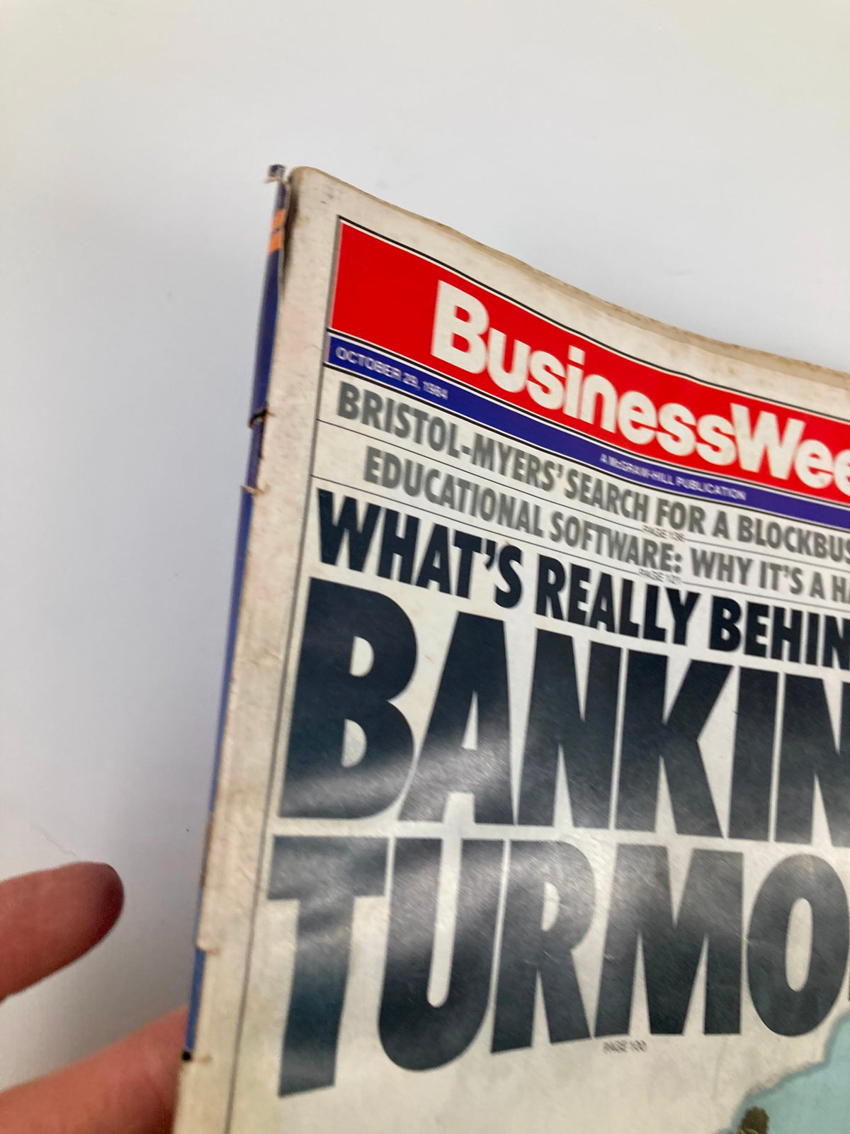 Side view of the VTG Business Week Magazine from October 29, 1984, showcasing the title 'What's Really Behind Banking Turmoil' and additional context on its content.