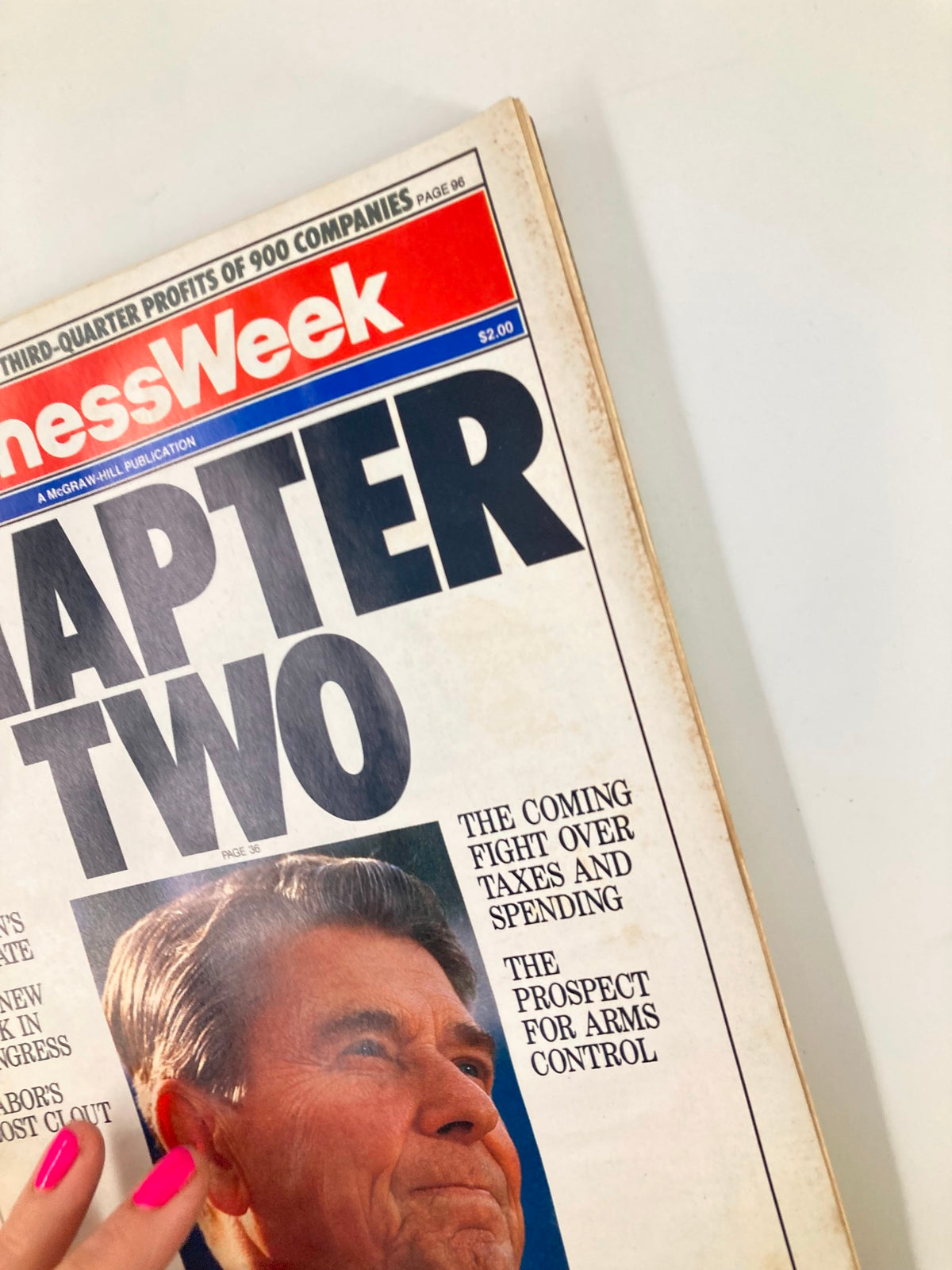 Close-up of the VTG Business Week Magazine November 19, 1984 cover, 'Chapter Two', showing Ronald Reagan's portrait with articles on tax and spending fights and arms control.