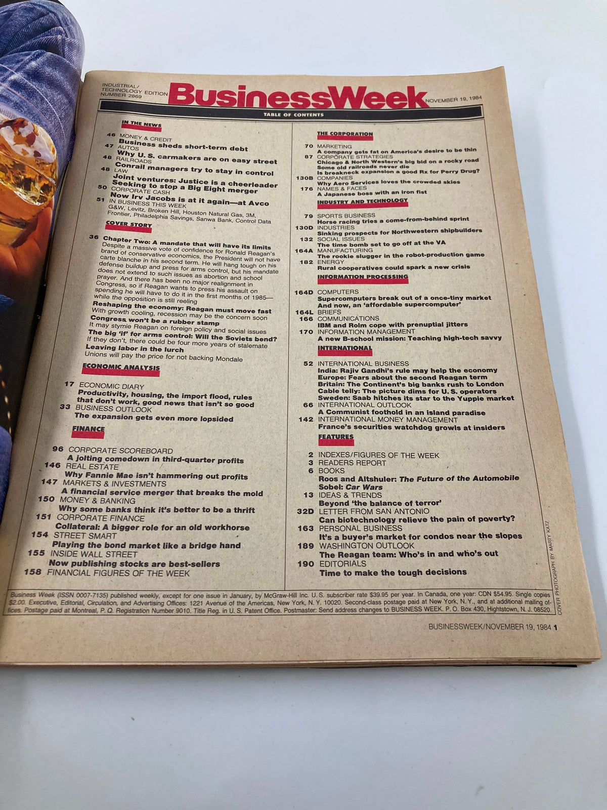 Table of contents from the VTG Business Week Magazine November 19, 1984, detailing articles including 'Chapter Two' on Ronald Reagan, corporate scoreboards, and various economic analyses.