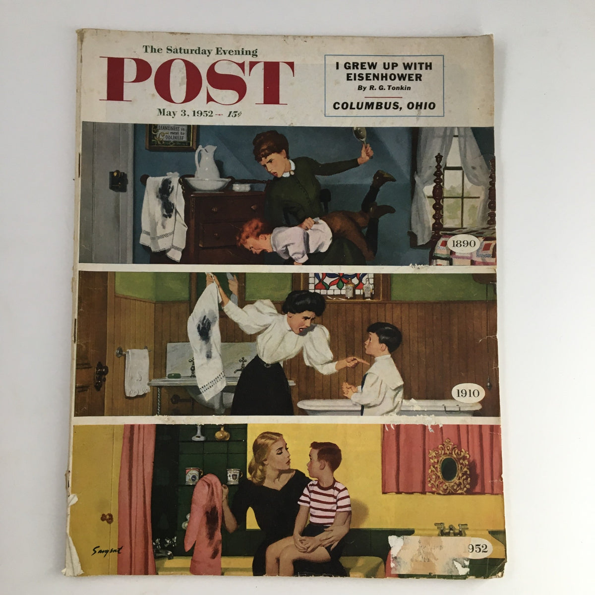 Cover of The Saturday Evening Post from May 3, 1952, featuring the article 'I Grew Up with Dwight D. Eisenhower,' showcasing vintage illustrations depicting family scenes from different eras.