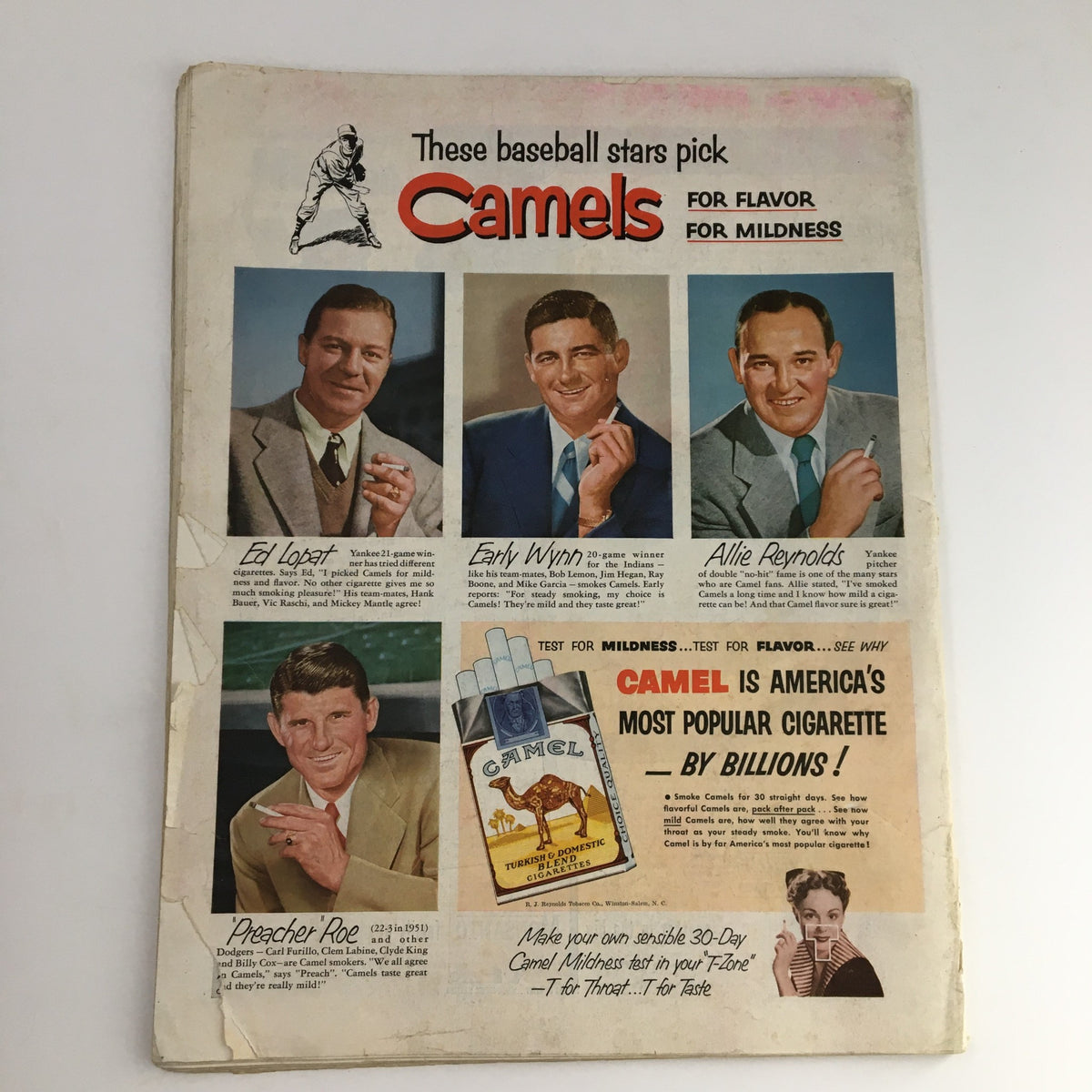 Back cover of The Saturday Evening Post May 3 1952, featuring advertisements from baseball stars promoting Camel cigarettes, reflecting mid-20th century culture.