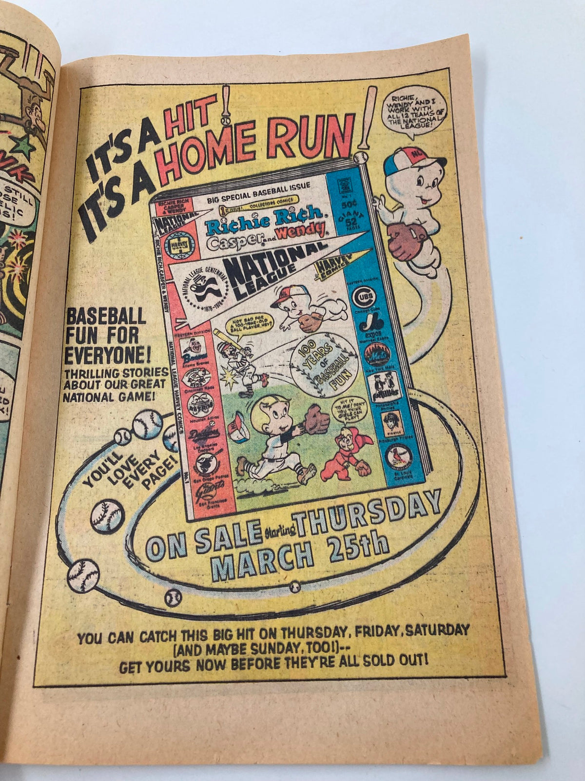An advertisement page from the 1957 No. 119 Fun in the Army with Sad Sack and the Sarge Comic Book promoting exciting baseball stories.
