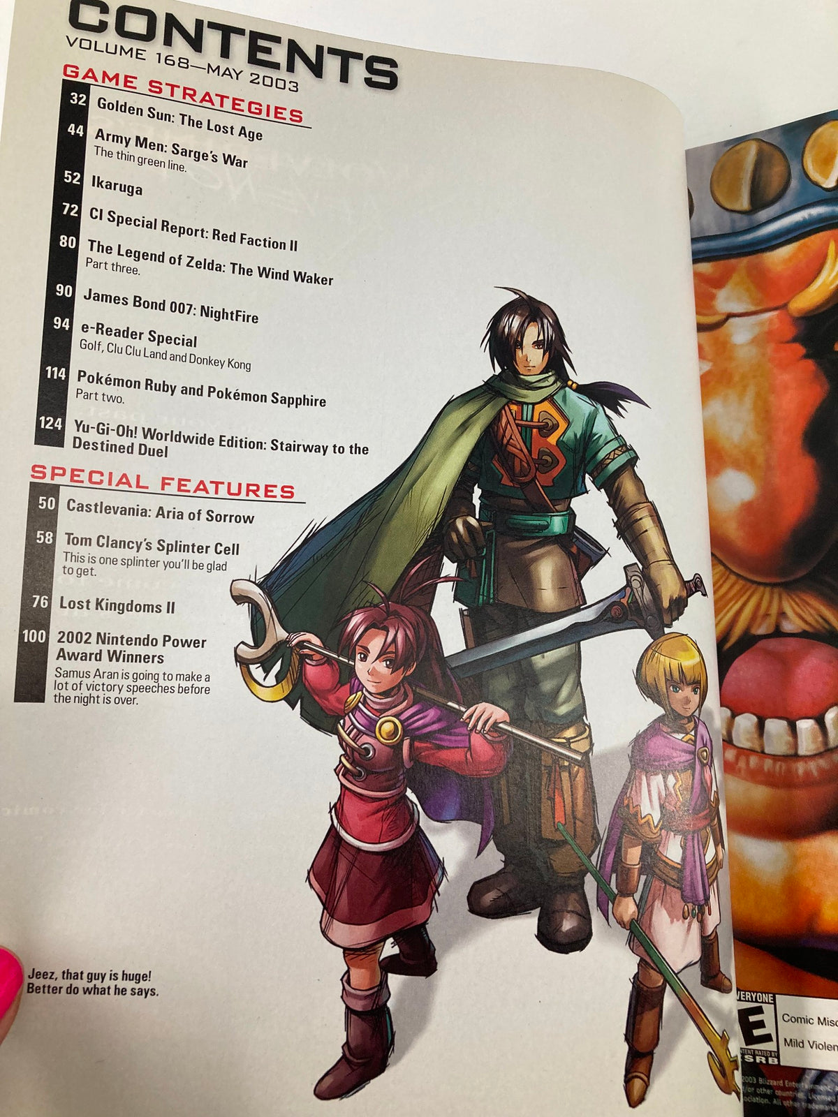Table of contents page from Nintendo Power Magazine May 2003 #168, listing game strategies and special features including Golden Sun: The Lost Age.