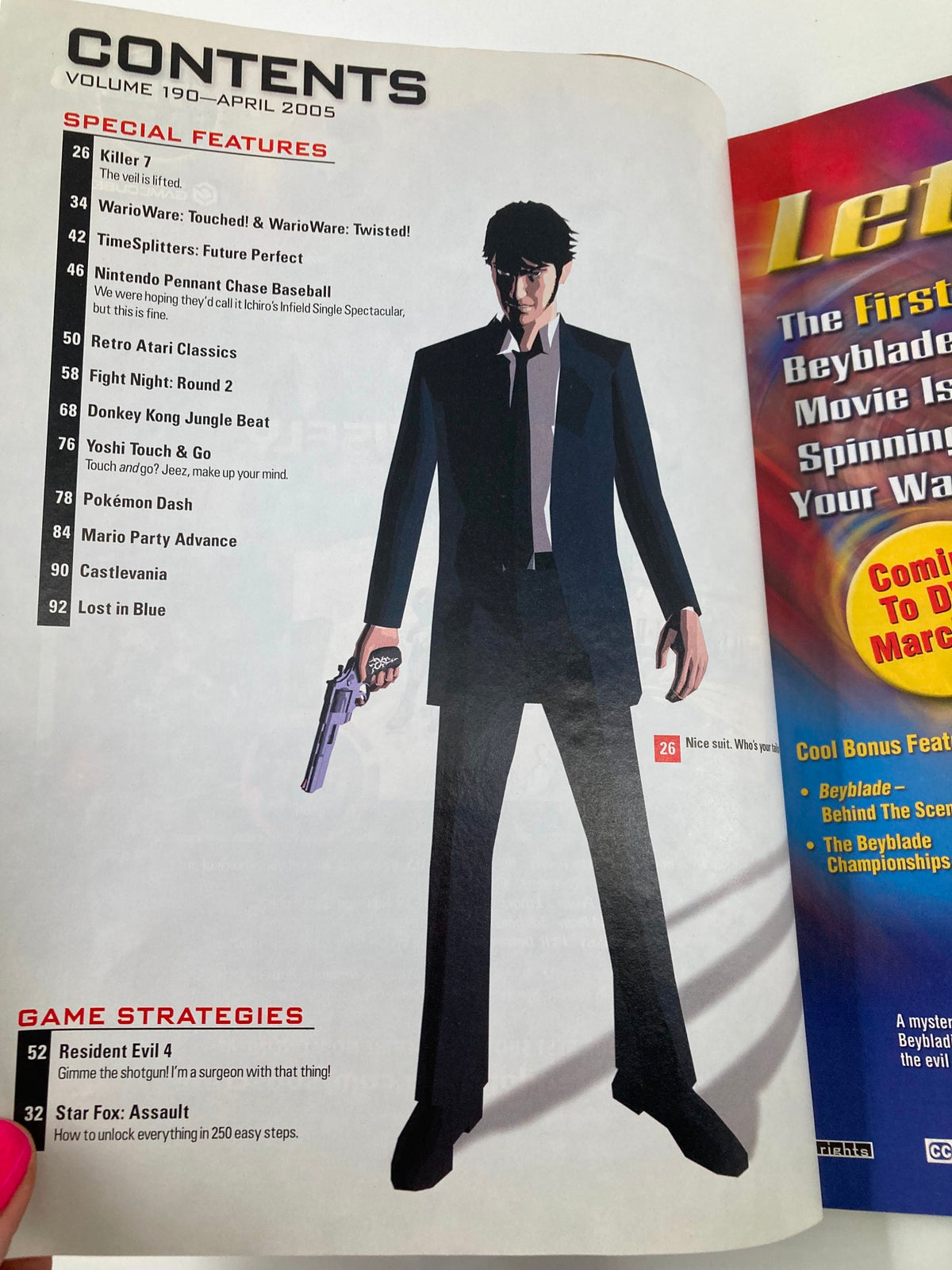 Contents page of Nintendo Power Magazine April 2005 #190 highlighting the Killer 7 feature, featuring a character in a black suit holding a gun, indicative of the game's theme.